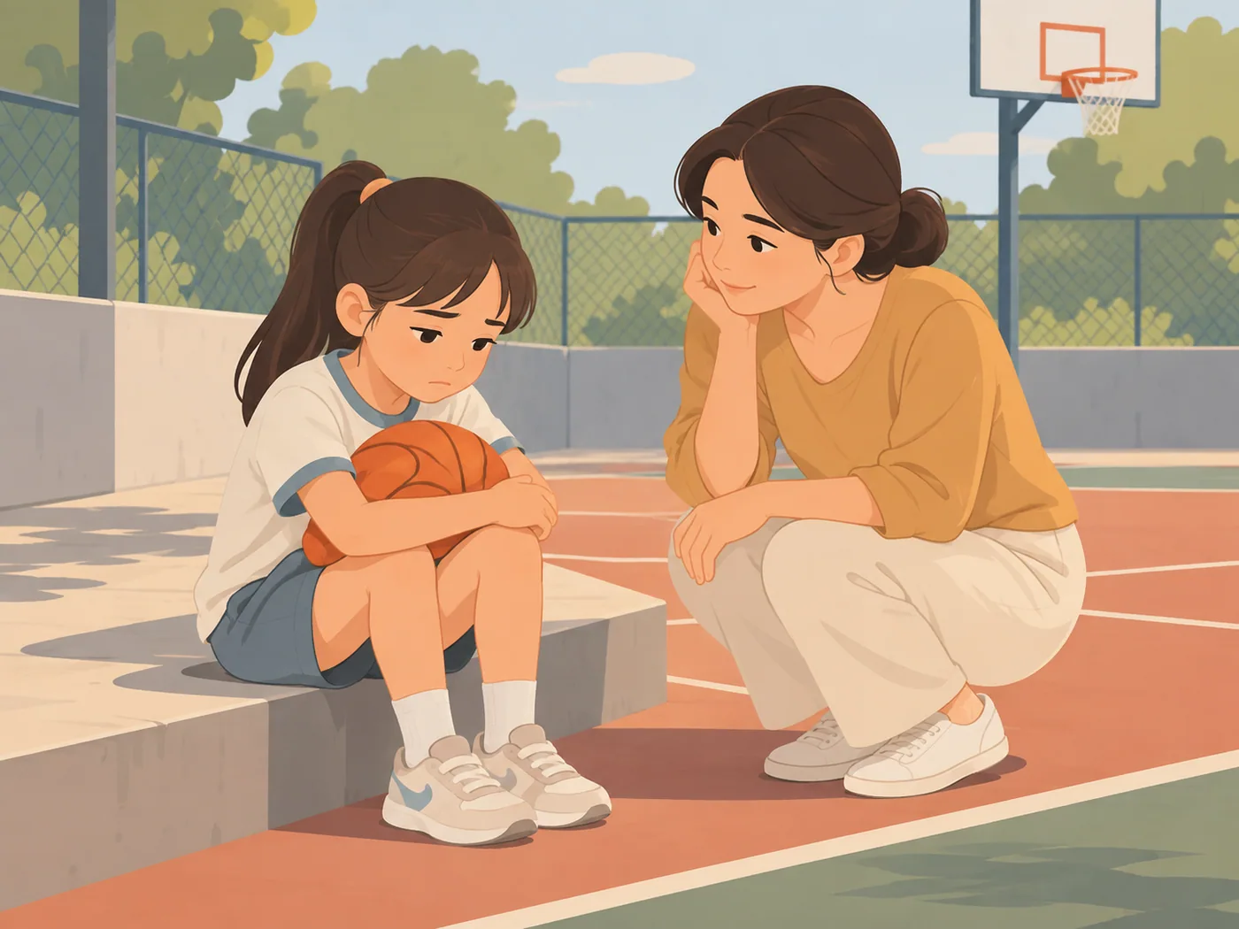 女孩抱着篮球坐在场边台阶，成年女性蹲在旁边看向她。