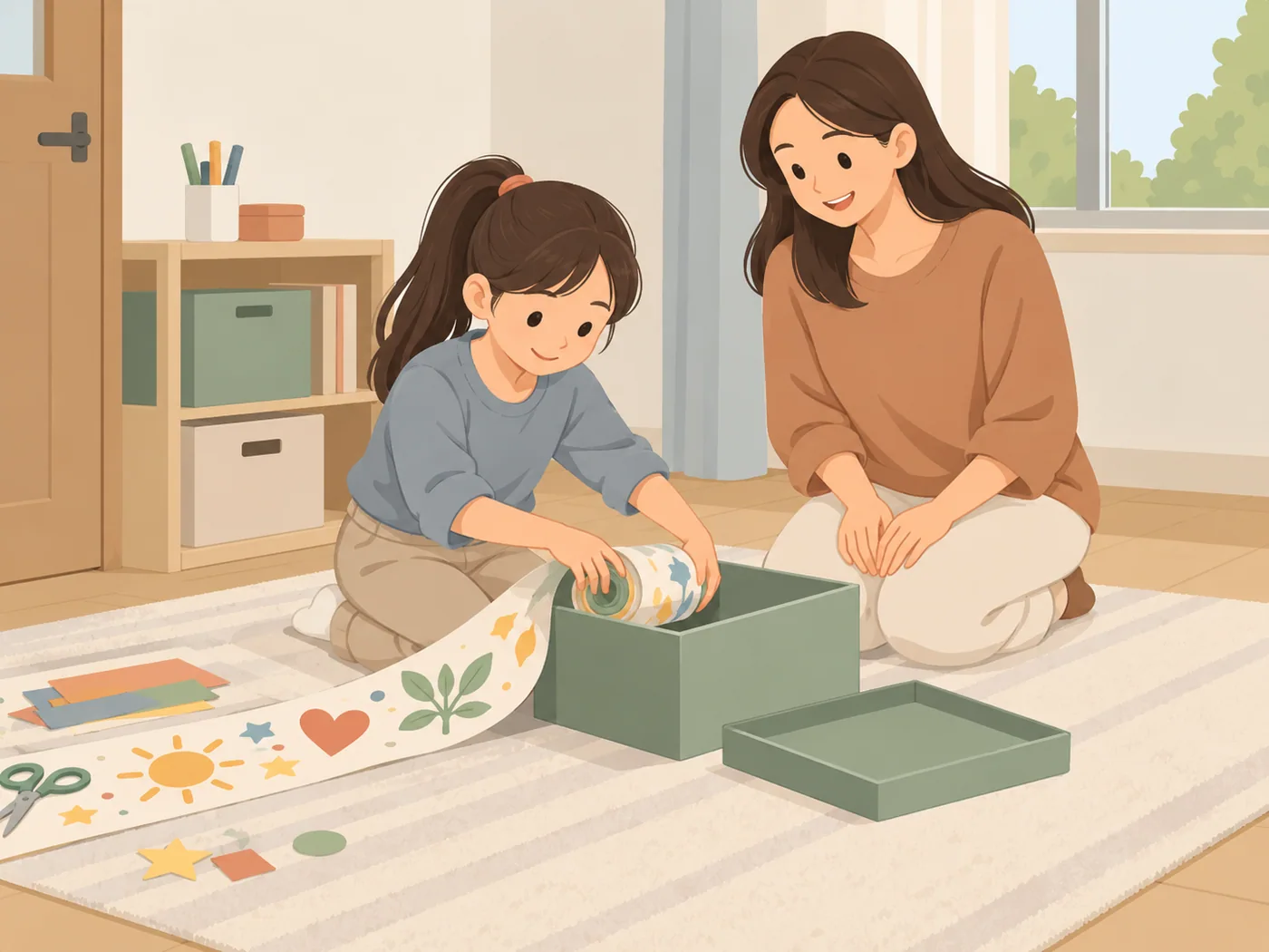 女孩将长卷画作收进盒子，成年女性坐在旁边。