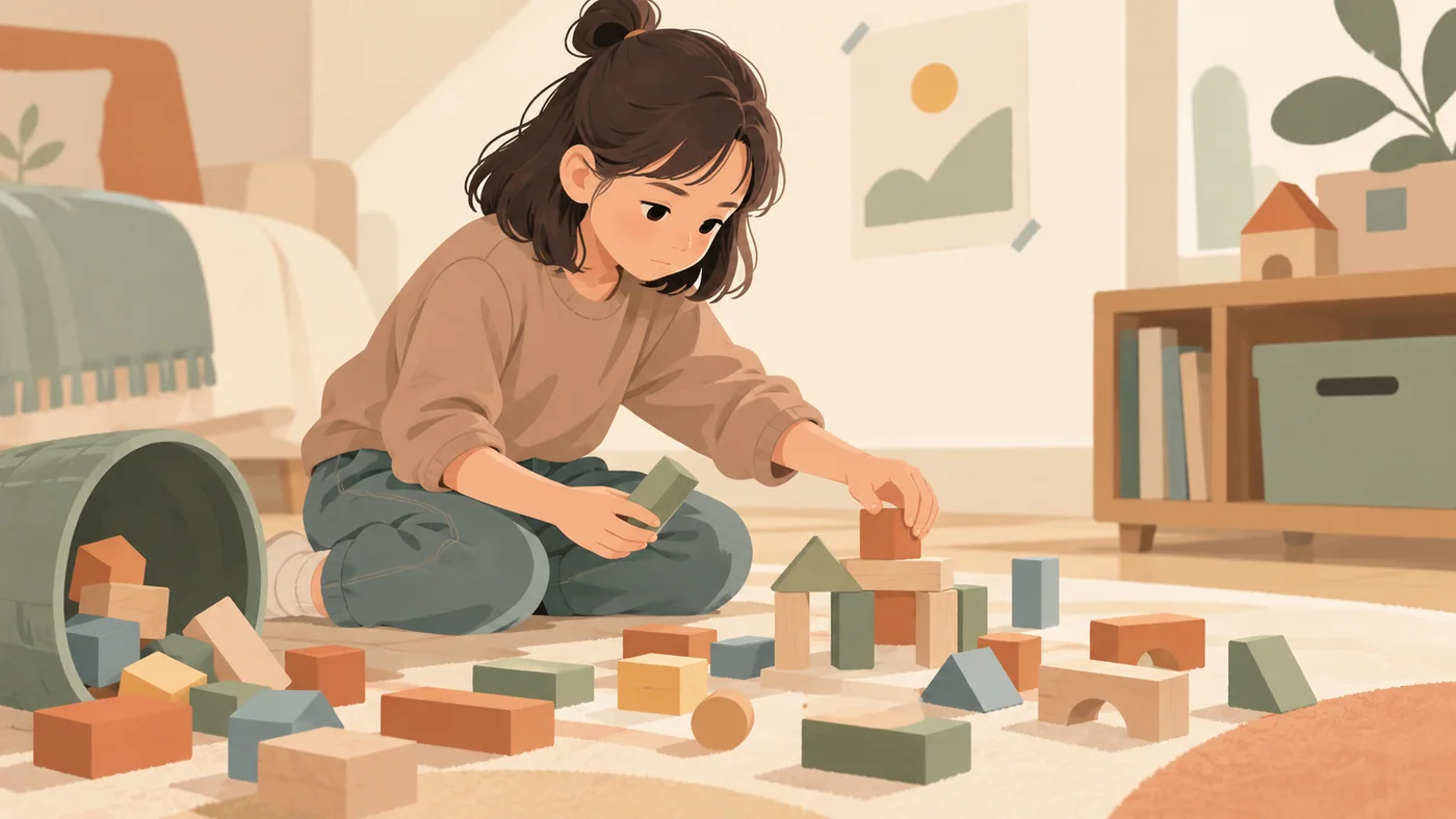 女孩在地毯上重新搭积木
