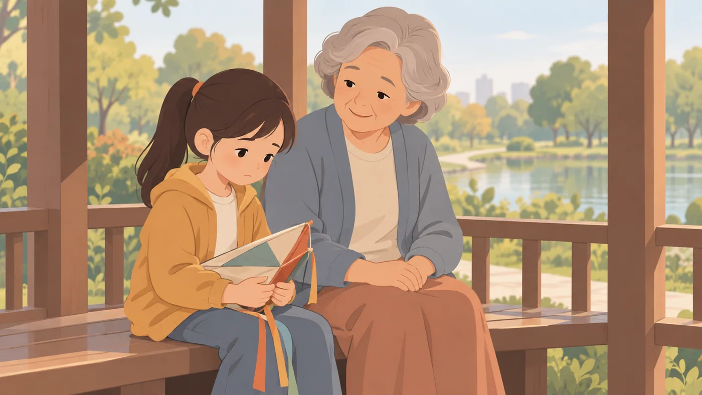 女孩双手拿着风筝低头坐在长椅上，白发老年女性双手放在膝上陪坐