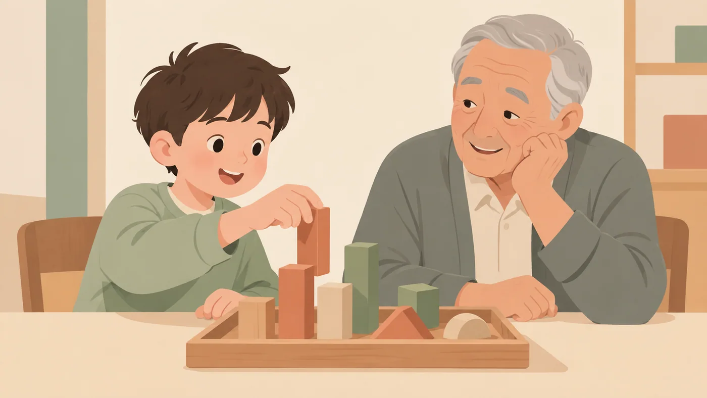 男孩在桌边一手摆放长方形木块,另一手放桌面,银发年长男性在旁一手托脸另一手放桌面观看。
