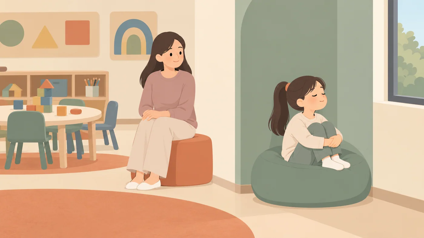 女孩闭眼抱膝坐在房间角落软坐垫上，成年女性坐在旁边矮凳上。
