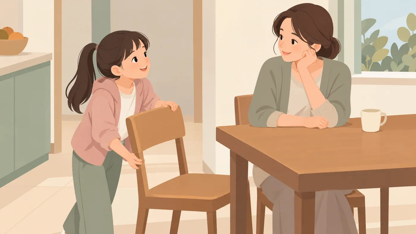 女孩在餐桌旁挪动椅子，成年女性坐在桌边看向她。