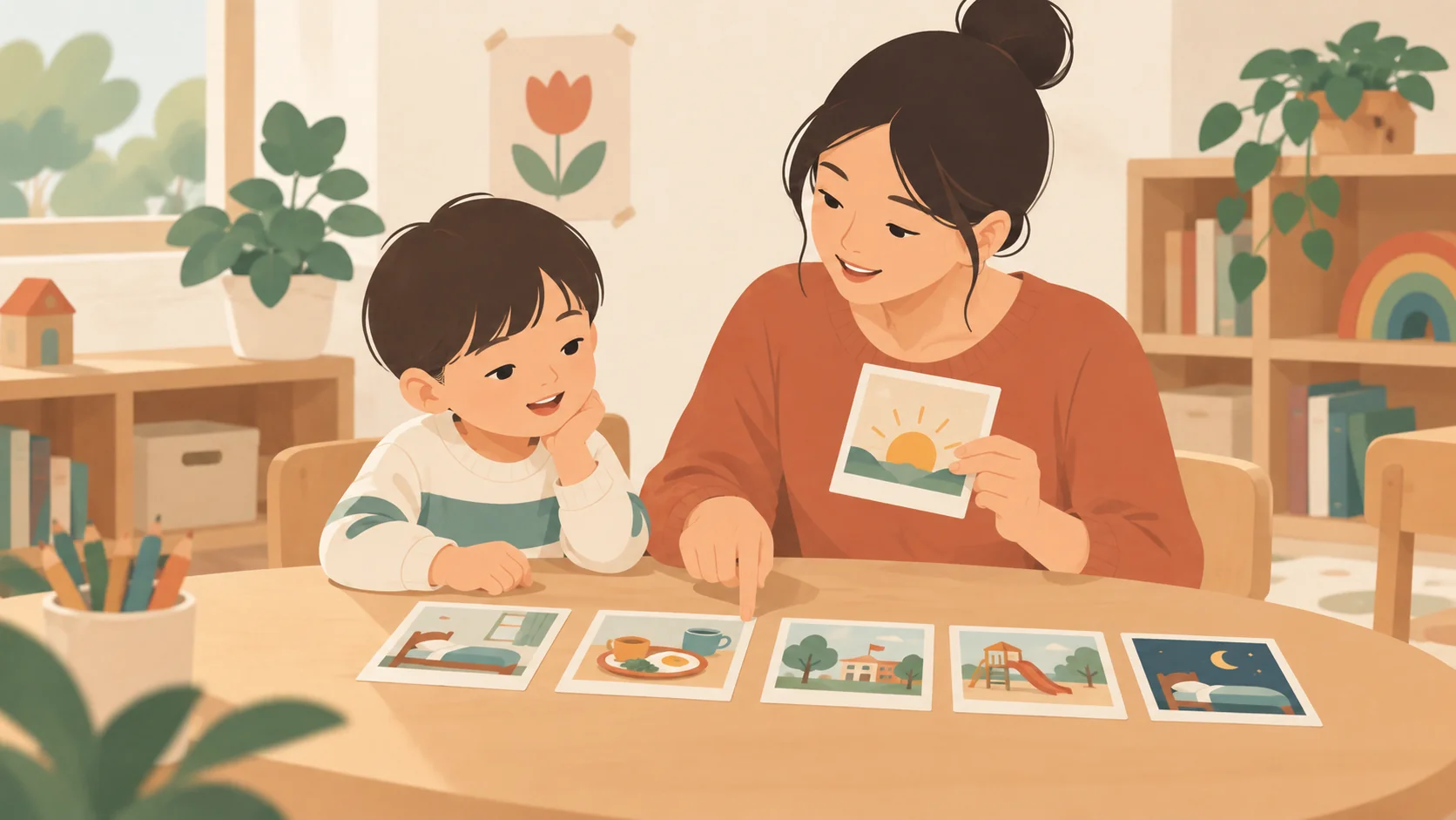 成年女性与男孩坐在幼儿活动桌旁，女性拿着太阳图卡，桌面依次摆着学习、用餐、户外和休息图卡。