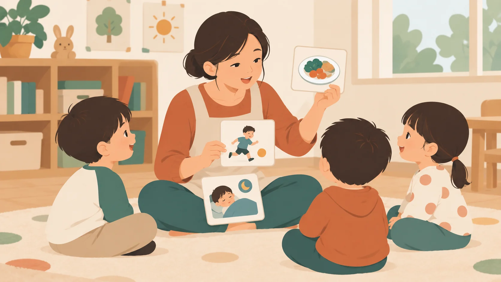 成年女性坐在活动室地毯上，向三名幼儿模样的孩子展示食物、玩球和睡觉图卡。