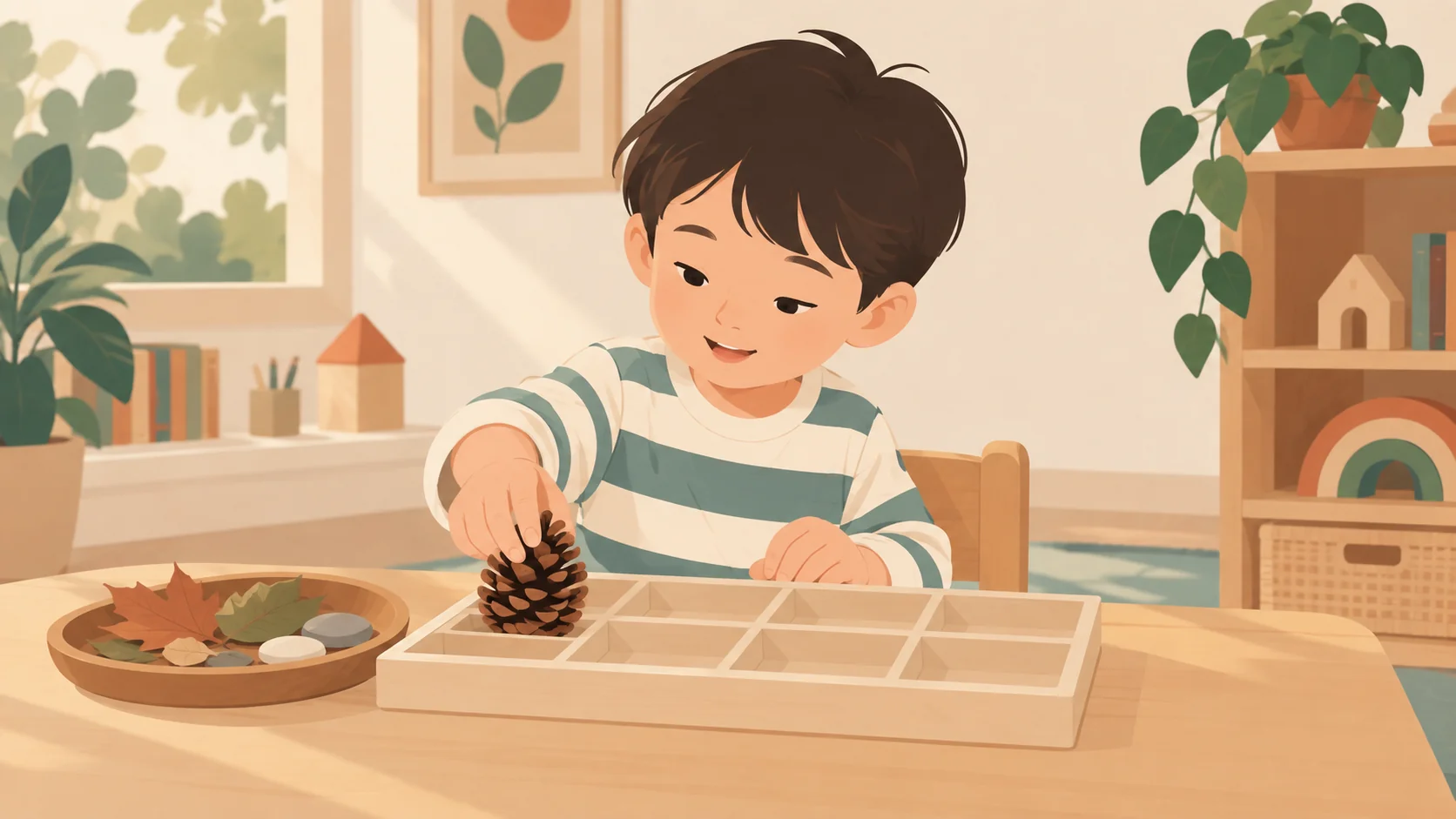 一名男性外观幼童把大松果放入浅格托盘,旁边有叶片和圆石,其余格子为空;表现观察分类任务的第一步。