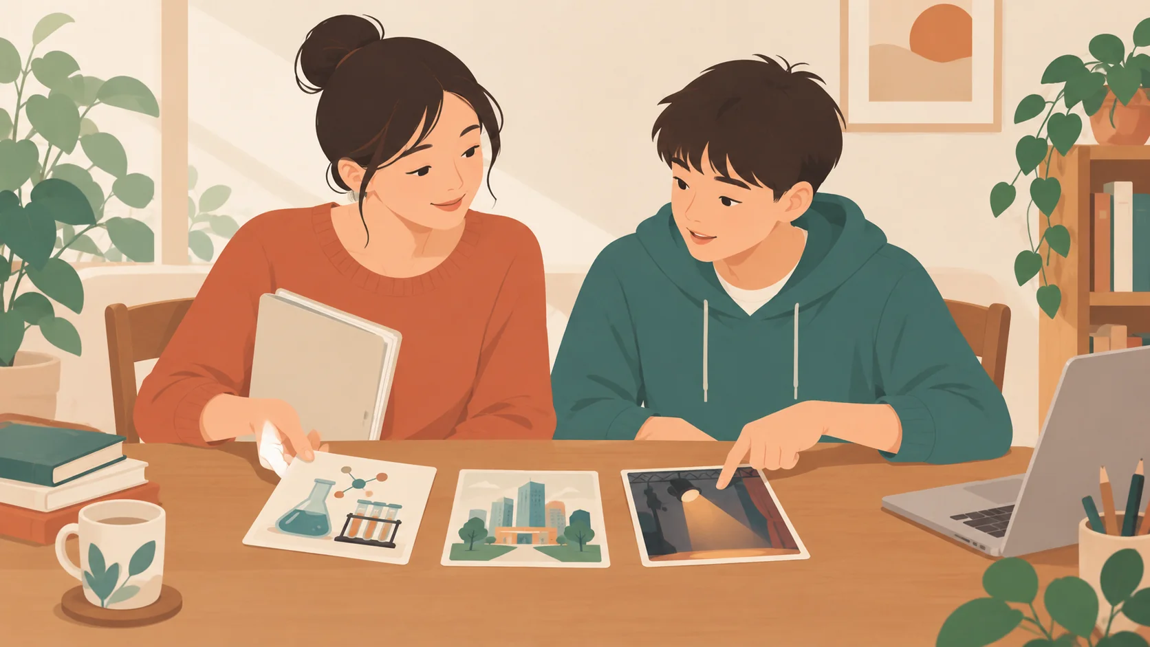 一名成年女性摆出实验、城市和舞台技术图卡，一名男生指向灯光图卡。画面两人，妈妈与高中男生关系为设定，家长支持选择但未显示最后决定。