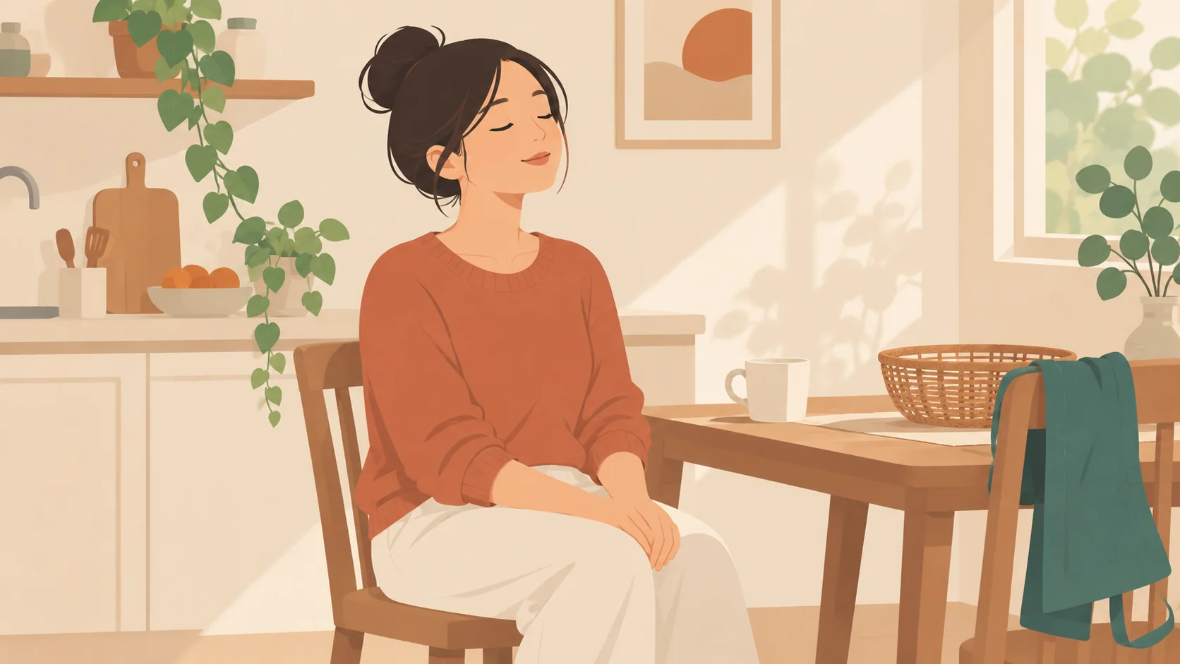 一位成年女性坐在餐桌旁闭眼放松，手自然放腿上，背景有围裙和空食材篮。