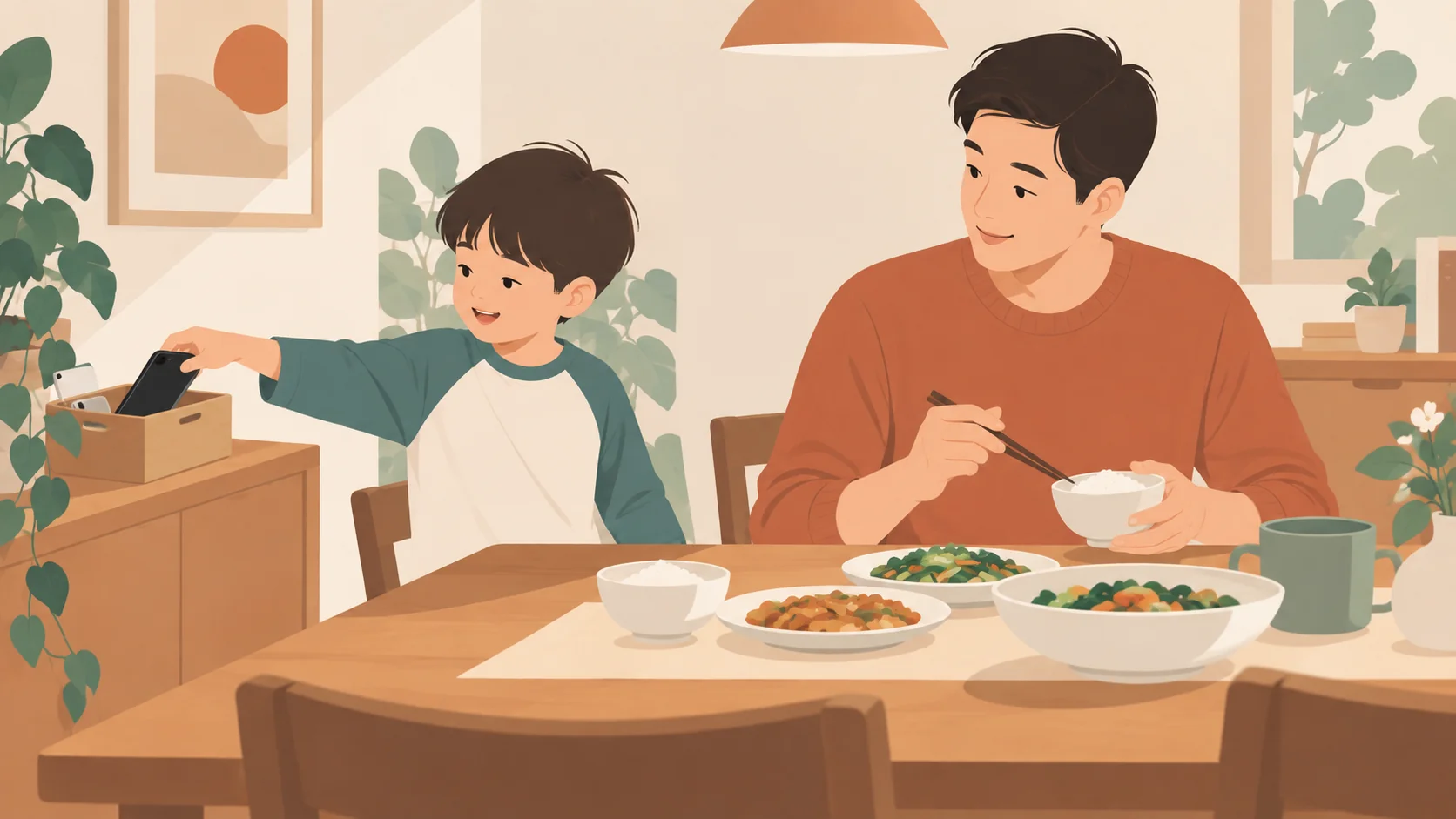 父亲和男孩坐在餐桌旁，男孩把手机放入左侧桌边木制支架，父亲拿着筷子，桌上有饭菜。