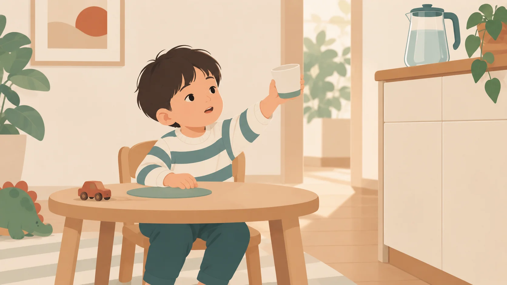一名幼童外观男孩坐在小桌边,朝画外举起水杯,另一只手放桌上,水壶在高柜上。画面只有孩子,表现表达喝水需要,未显示成人回应或自行倒水。
