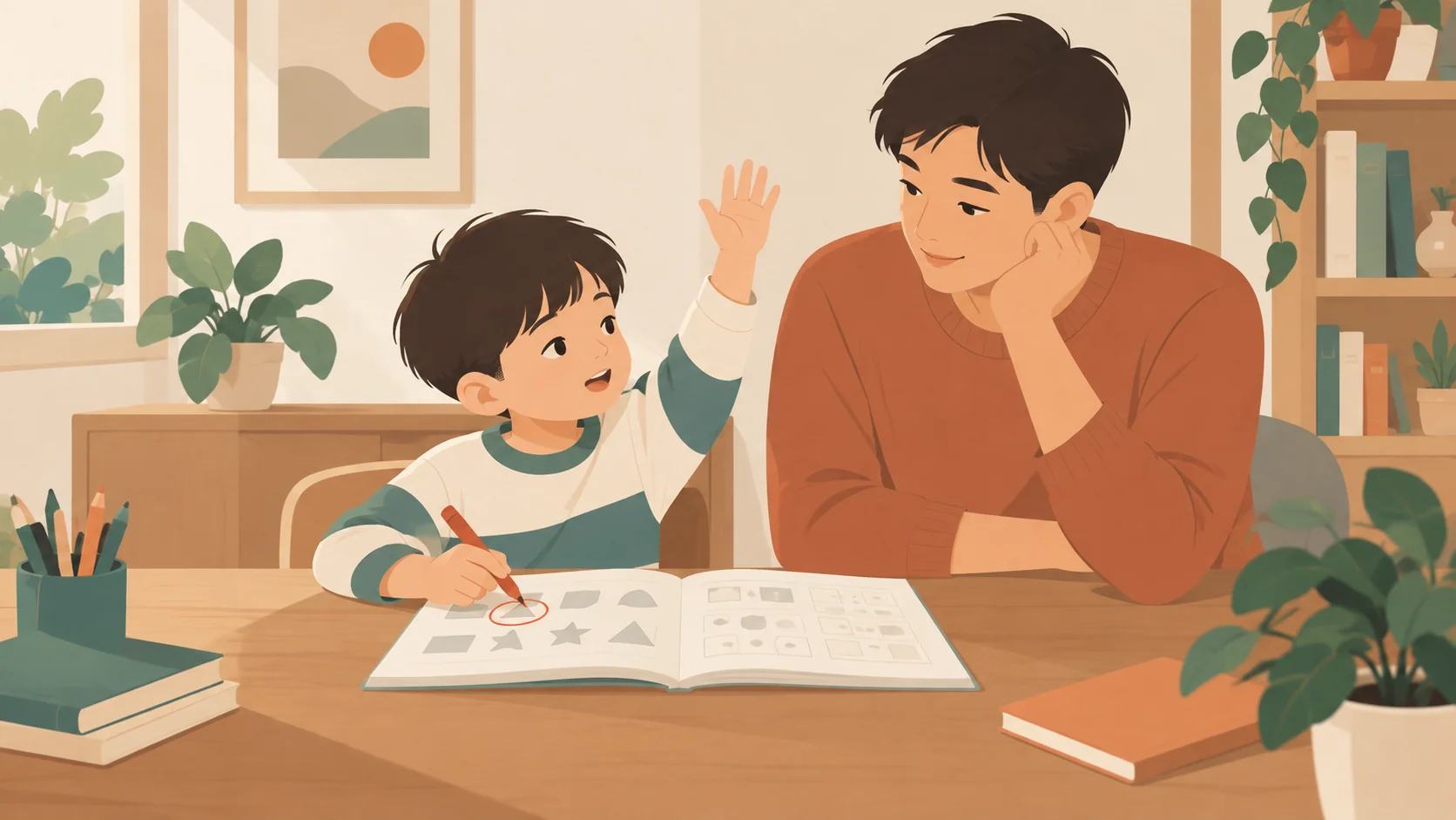 男孩在打开的练习本上用铅笔圈住一个图形，同时举起另一只手，父亲坐在右侧倾听。