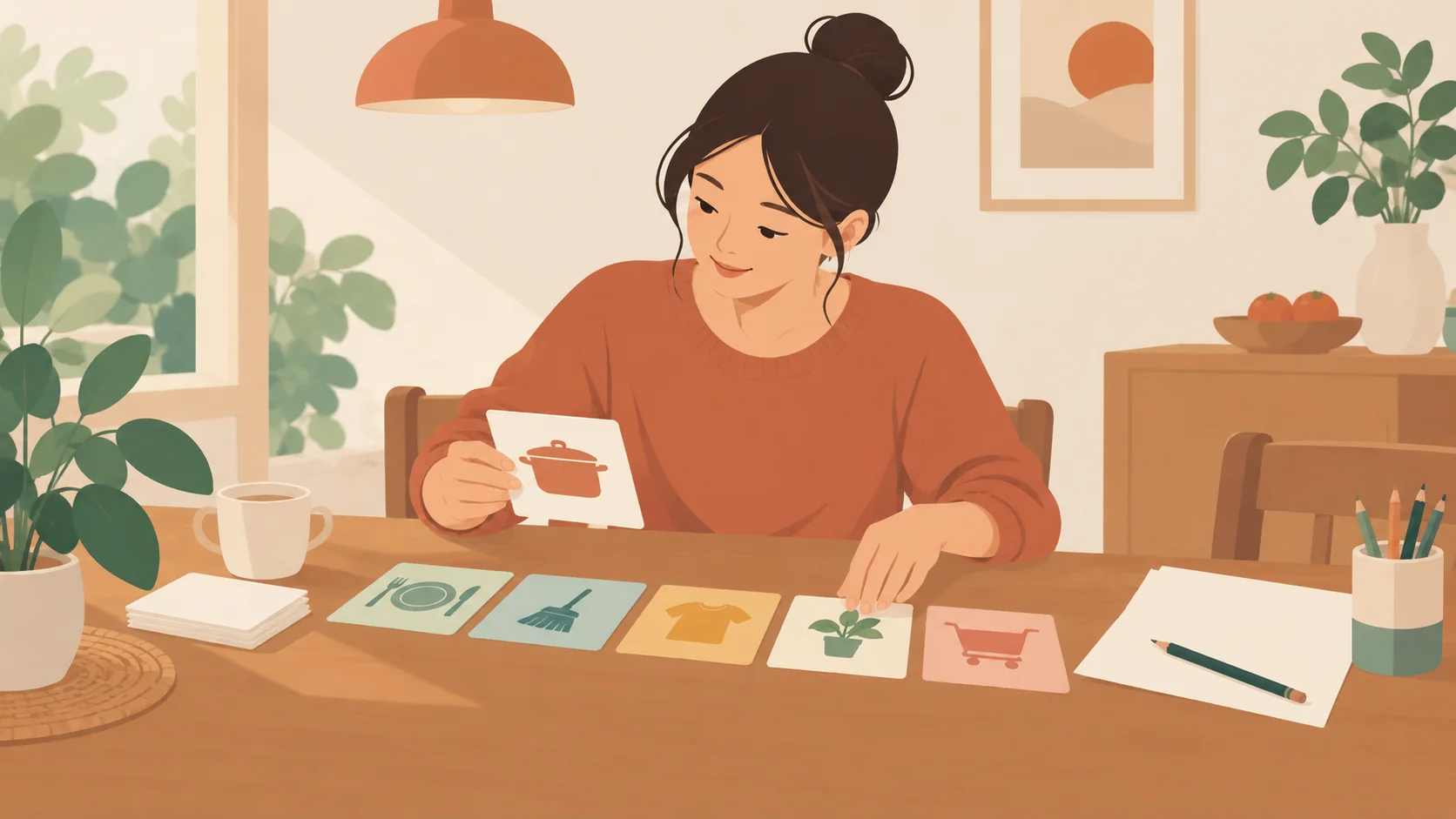 成年女性独坐餐桌前，手持锅具图案卡，桌上摆着不同颜色的家务图卡、纸和铅笔。