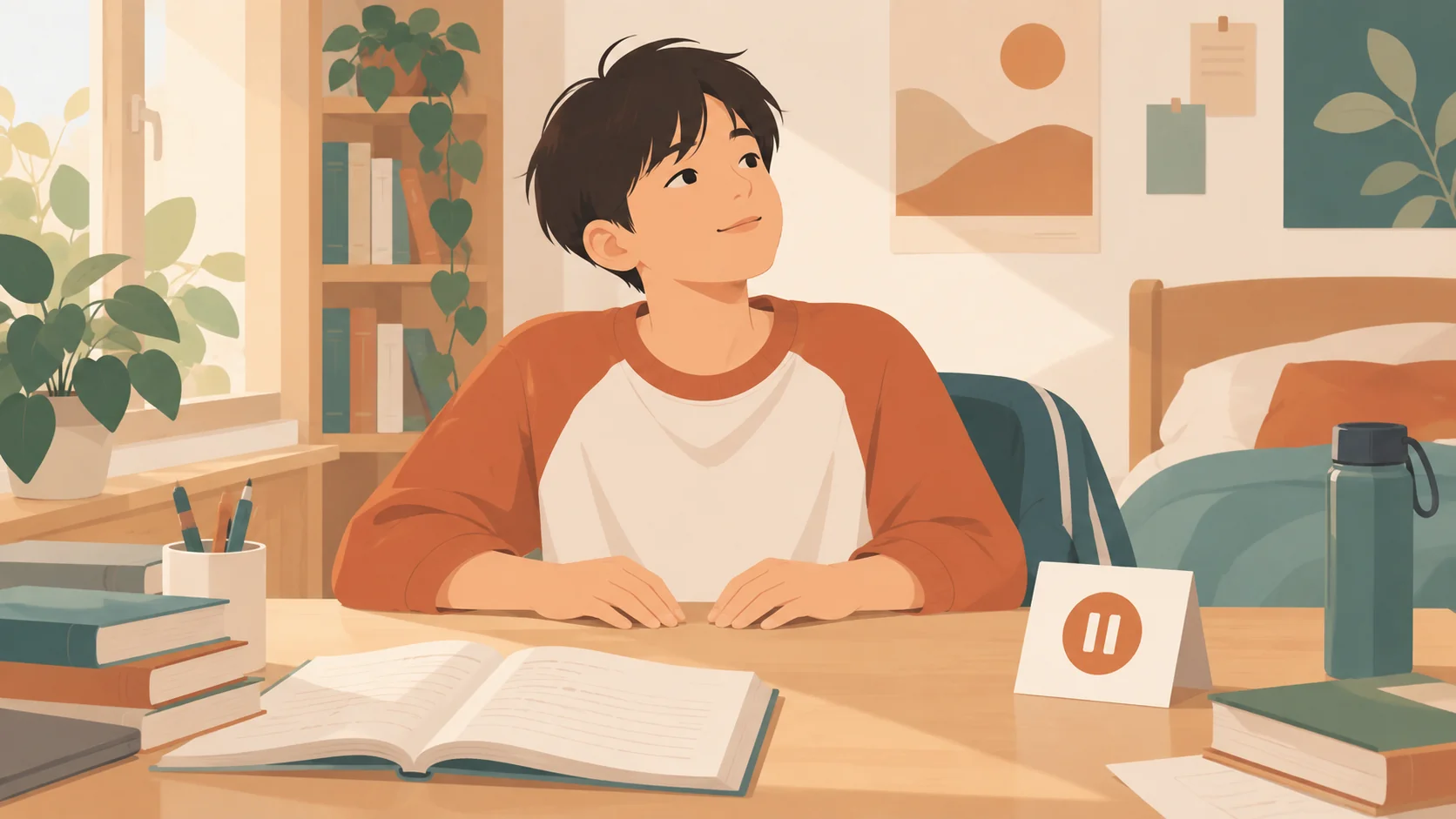 一位青春期男性坐在桌旁，双手平放，抬头看向一侧；桌上摊着本子和暂停符号卡。