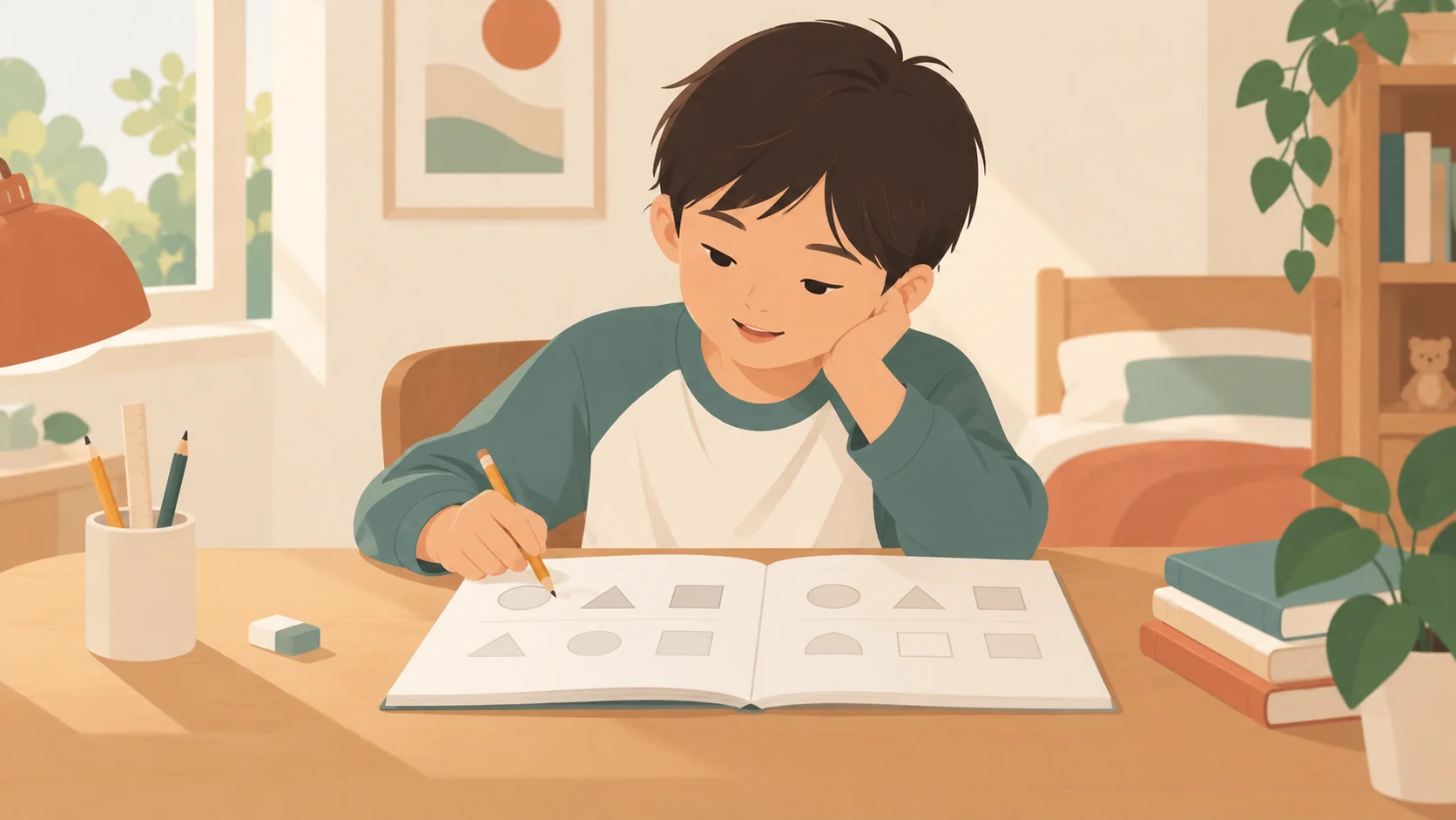 男孩独坐书桌前，一手扶脸，另一手用铅笔指向打开本子上的图形练习，桌旁有简单文具。