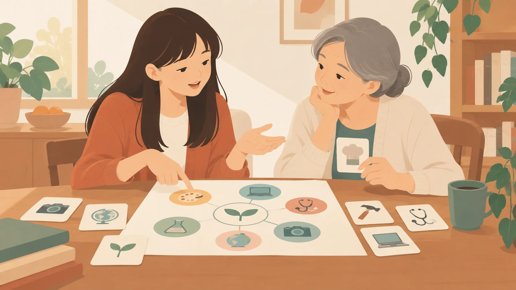 一位年轻女性向灰发年长女性展示桌面上的兴趣图卡,年长女性拿着厨师帽图卡,两人面对面交流。