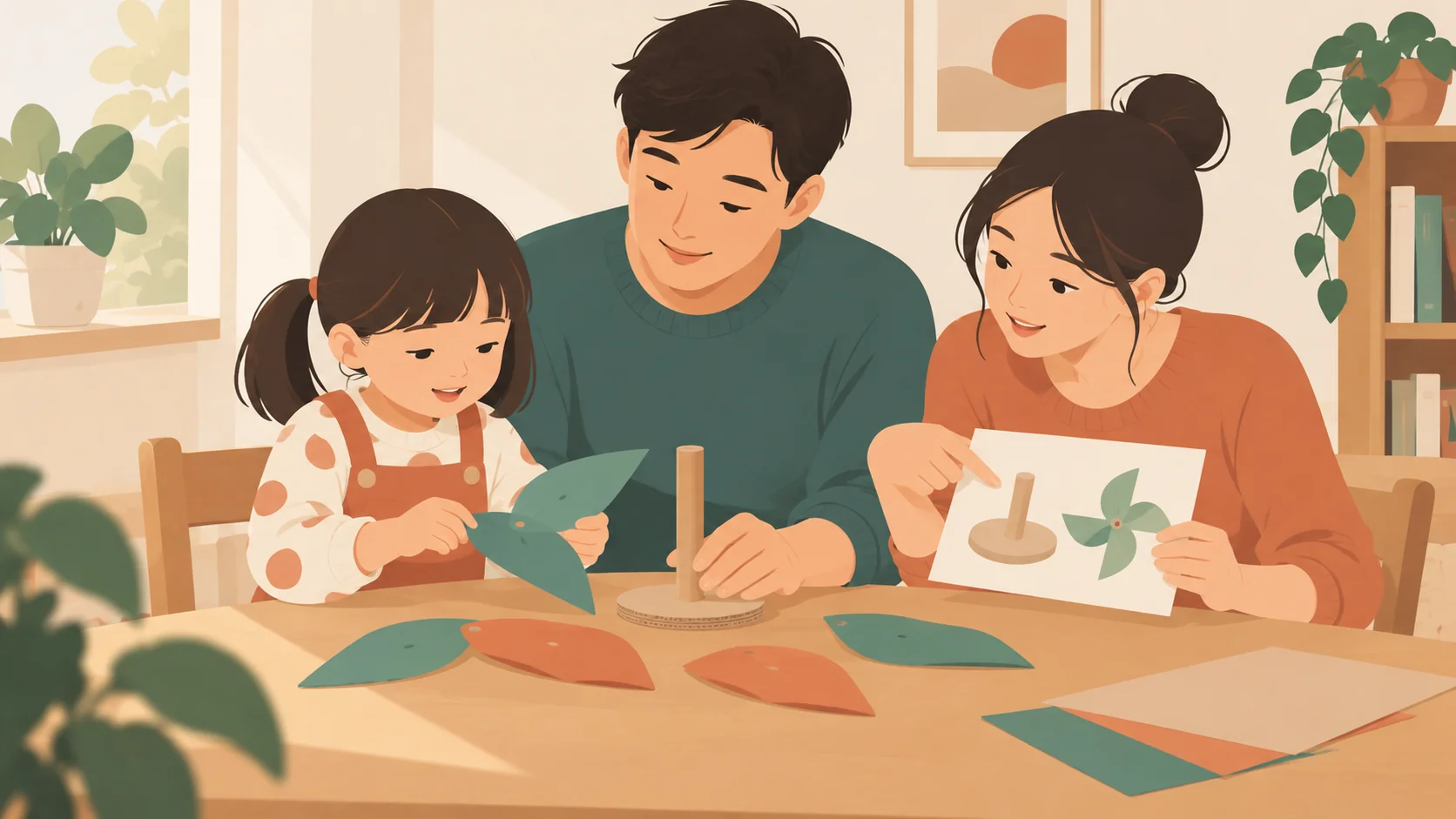 小女孩把大叶片放在底座旁,中年男性托稳底座,中年女性指向底座与叶片的图卡;实际三人,无针剪电源。父母子女关系为设定,画面表示开始任务。