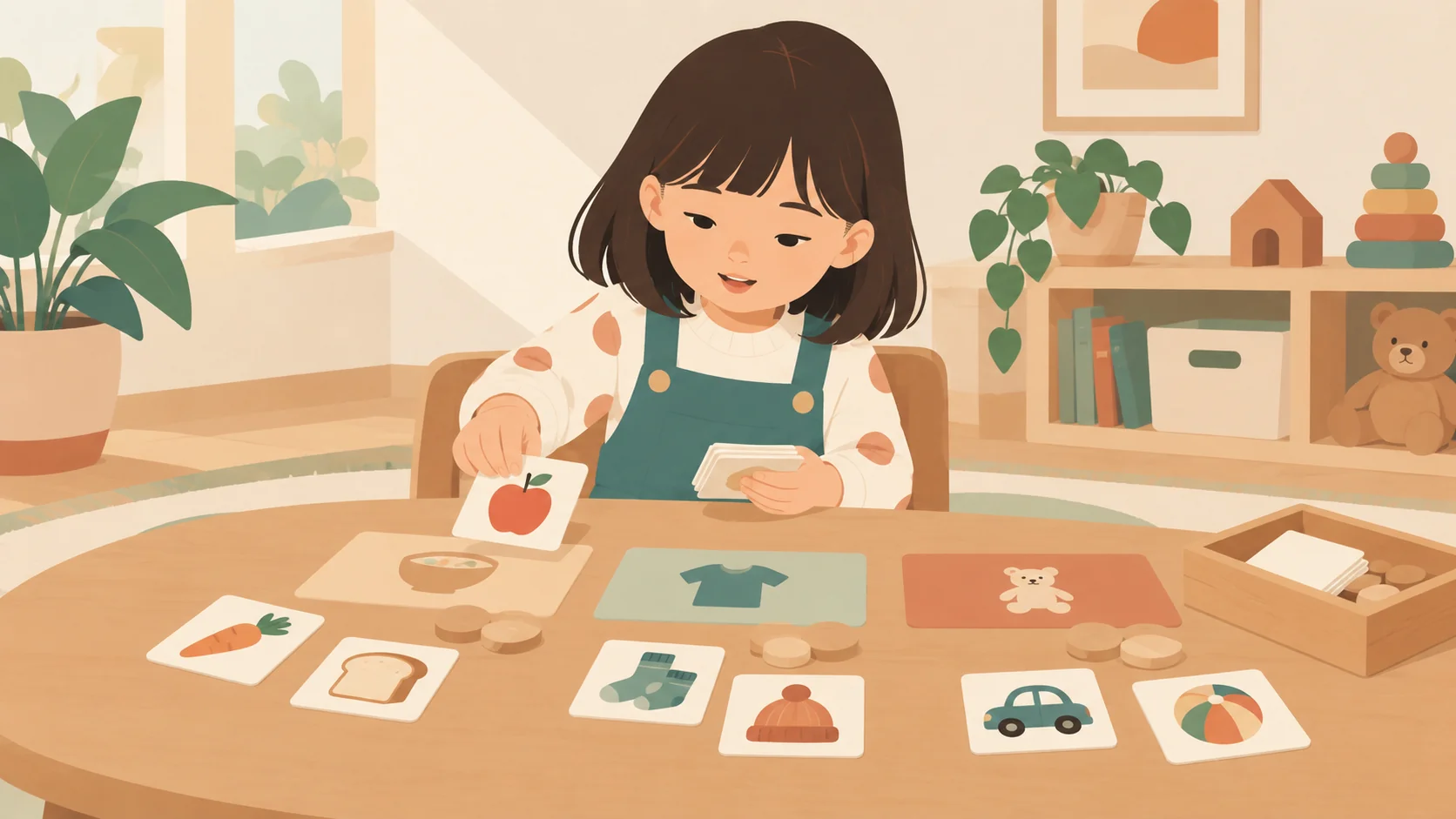 一位幼儿女孩把食物、衣物和玩具图卡放在不同组旁，桌上有用于资源分配的小木片。