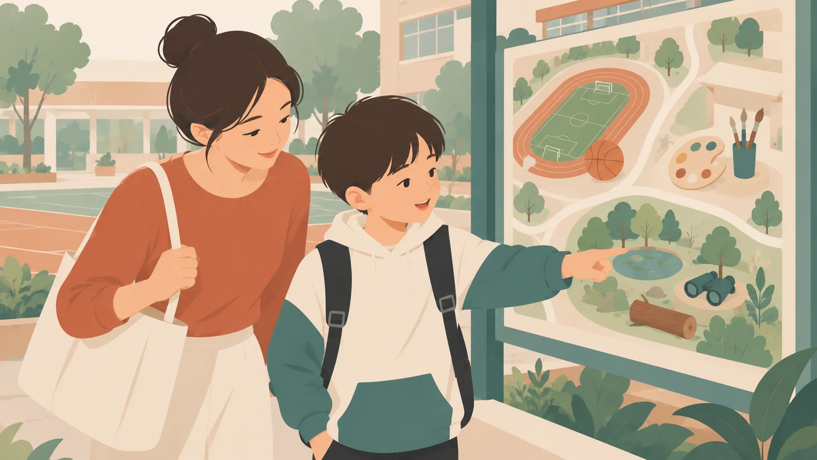一名学龄男孩在校园示意板旁指向自然观察图形，成年女性在旁关注他的选择，示意板还有体育艺术区域图。
