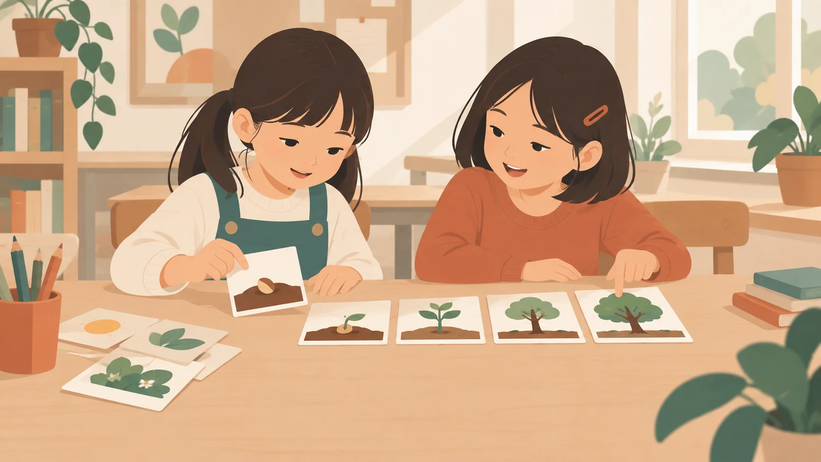 两位低龄学龄女孩排列种子、萌芽和树木等图卡，互相指向不同阶段图片讲述。