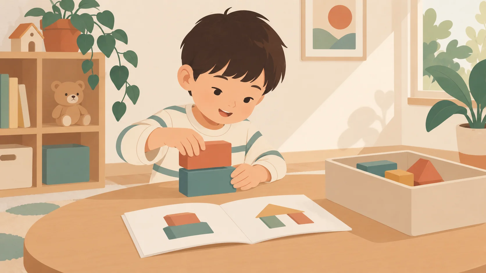 一位幼儿男孩对照无字形状图，把第二块大积木放到第一块上，其余积木在盒里。