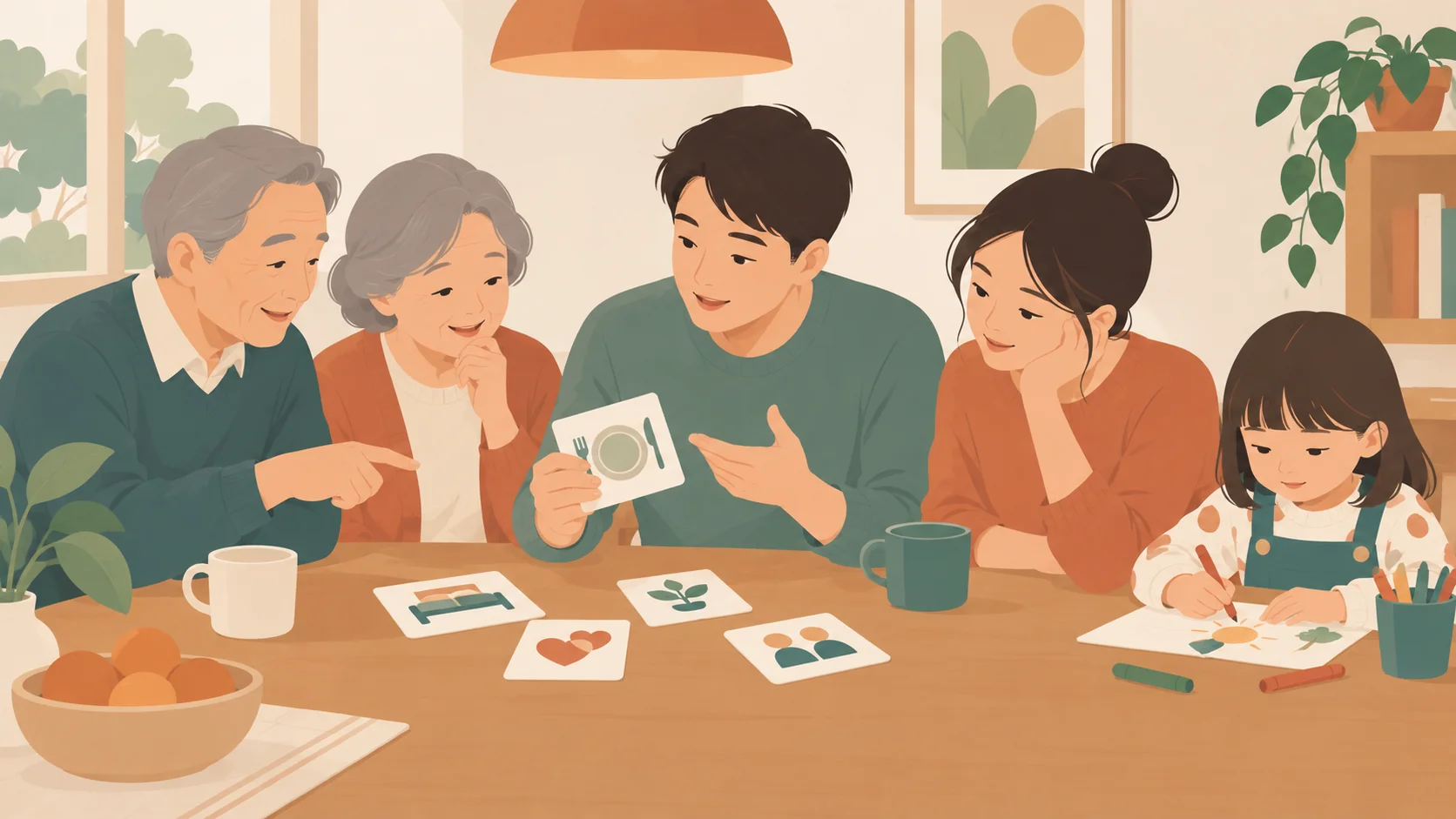 祖父、祖母、父亲和母亲围坐桌边讨论生活图卡，右边女孩正在画画，桌上有杯子和水果。