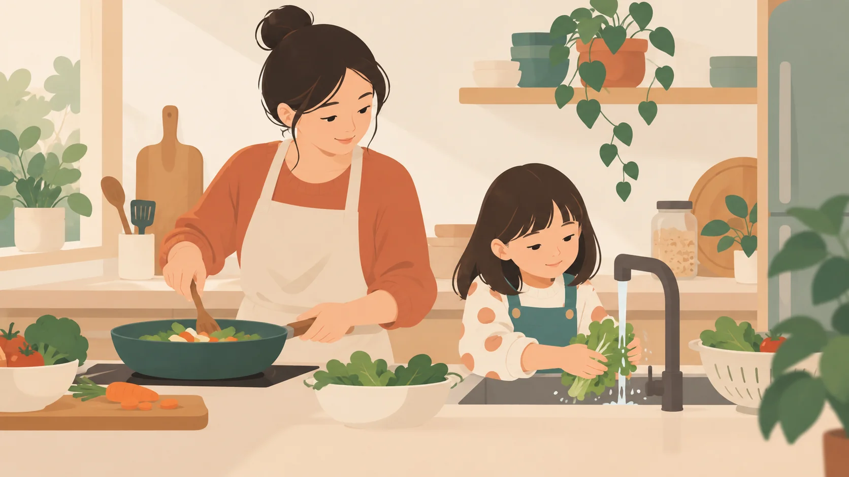 母亲在厨房操作炒锅，女孩在旁边水槽清洗绿色蔬菜，台面放着水果和食材。