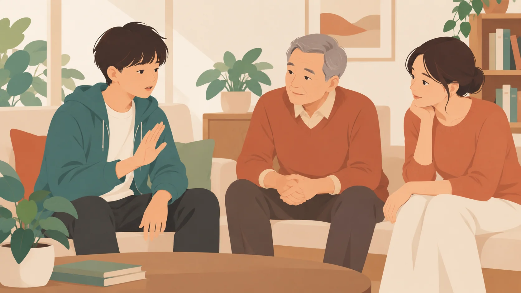 少年至青年男性举起开放手掌，灰发年长男性和成年女性与他保持一点距离，认真倾听。