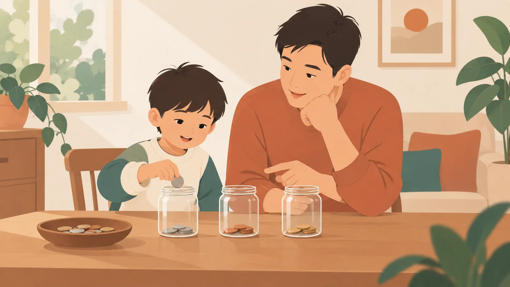 男孩在桌边把硬币放进三个无字透明罐子中的一个，父亲坐在右侧交流，左侧有装着硬币的盘子。