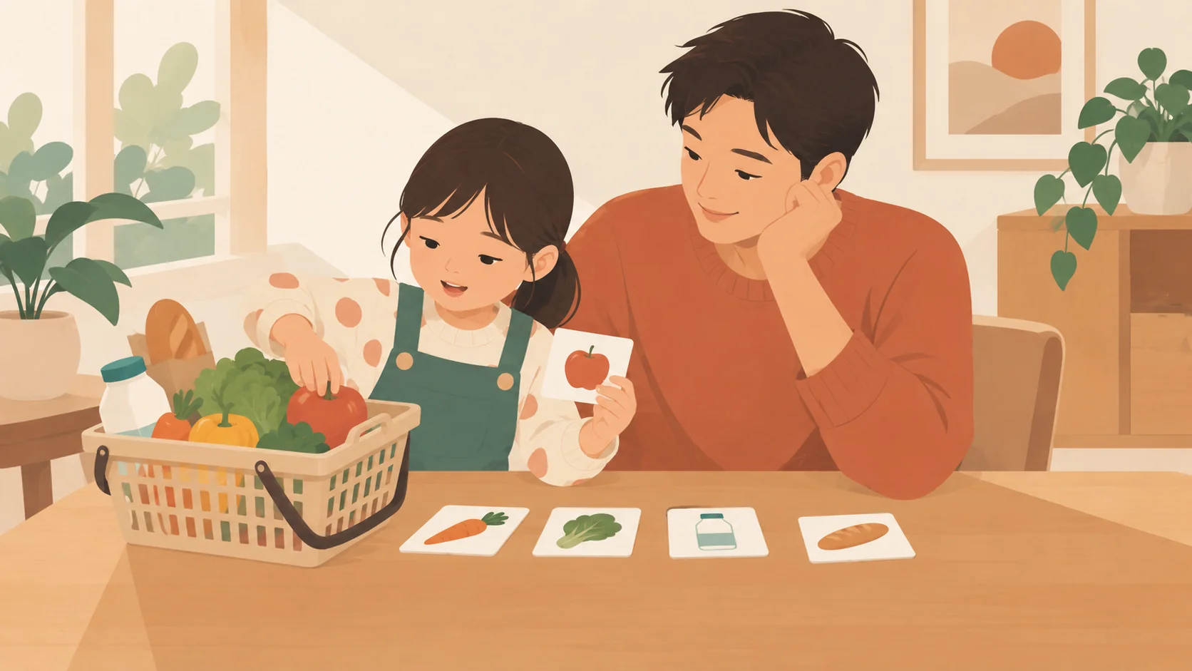 女孩拿着苹果图卡，在购物篮里挑选对应物品，父亲在旁观察，桌上还有蔬菜、牛奶和面包图片卡。