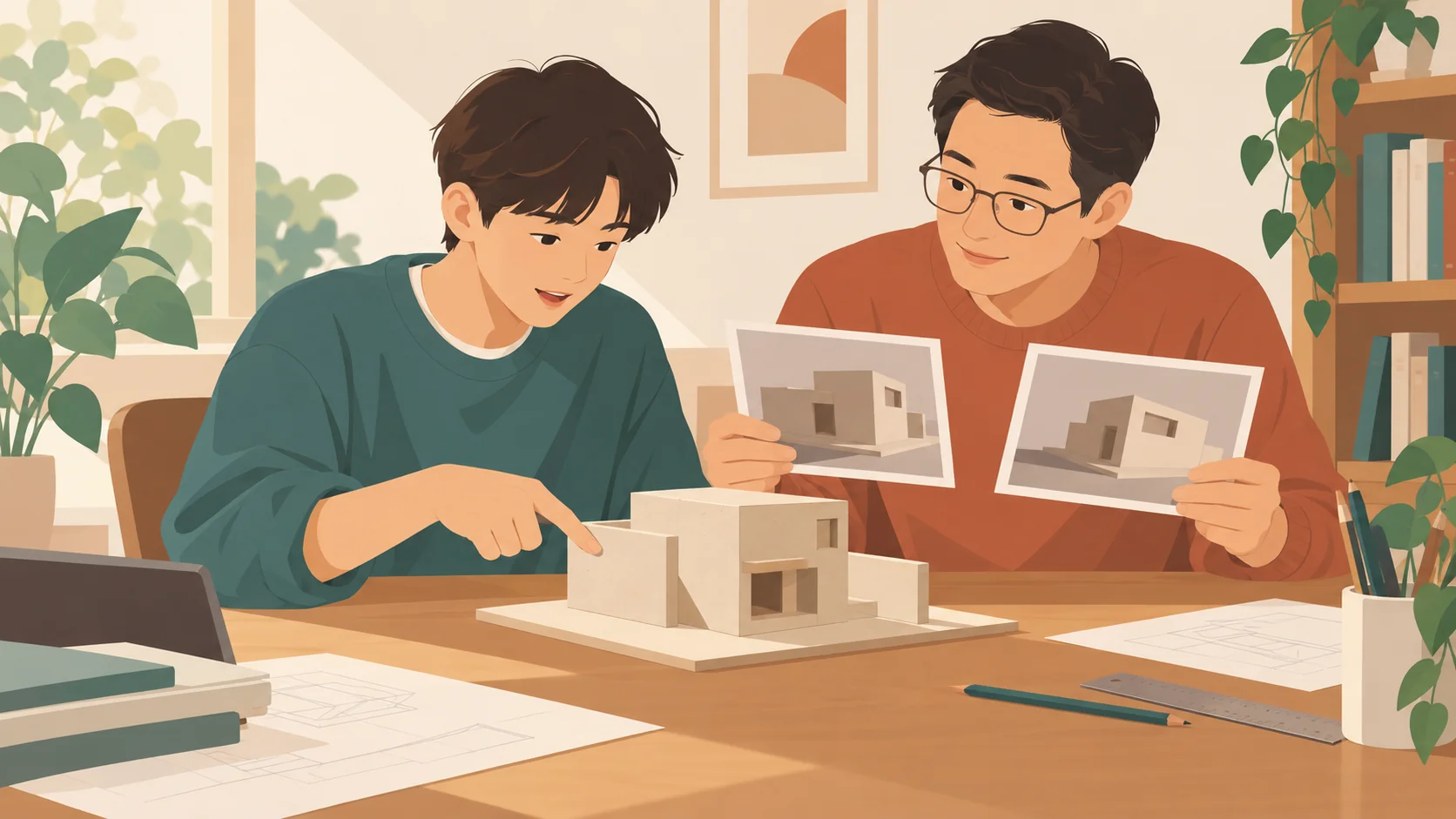 一名男性外观的青年指向纸板建筑模型,一名中年男性拿两张不同角度的无人物模型图请他解释。实际两位成人,父子及大学身份为设定,不验证透视理论或答案。