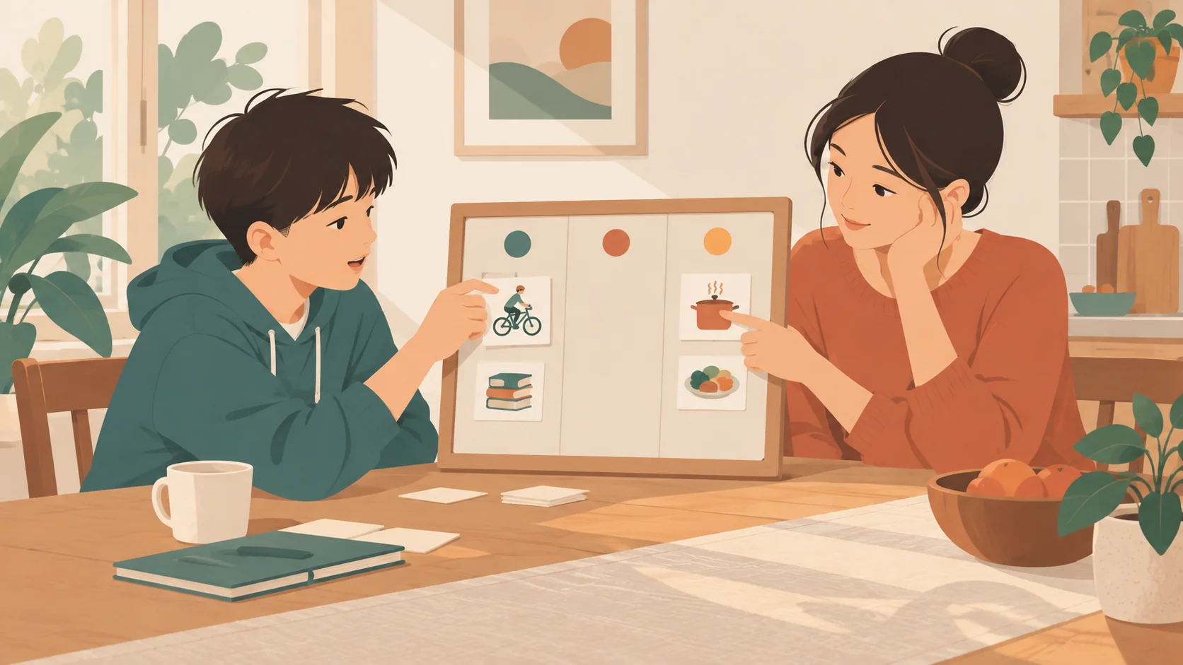 一名男孩指向共享板上的骑行与读书图卡,一名成年女性指向餐食图卡并倾听。画面两人,母子关系与初中阶段为设定,未显示最终达成一致。