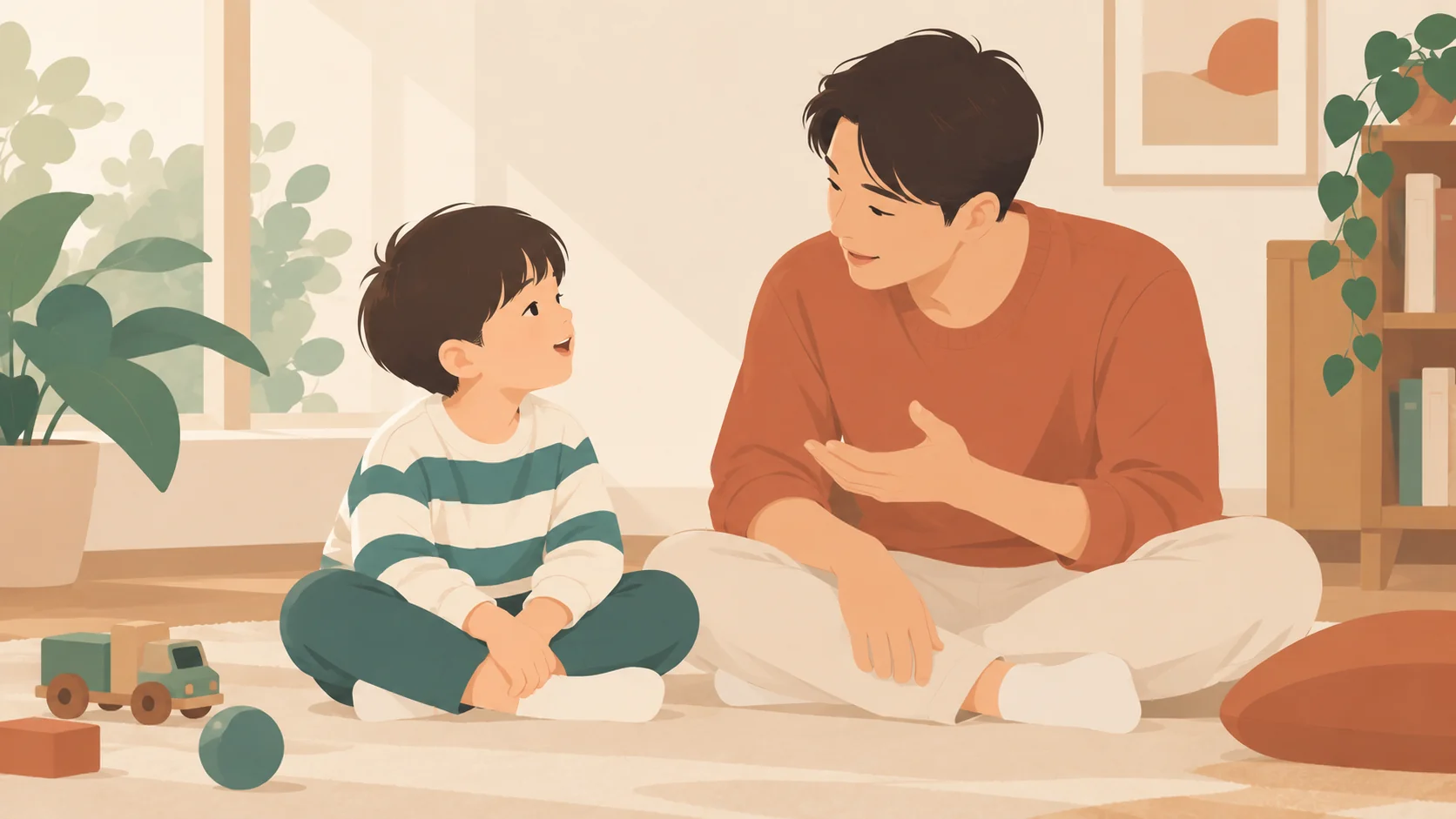 成年男性与男孩坐在地毯上面对面交谈，成人做开放手势。