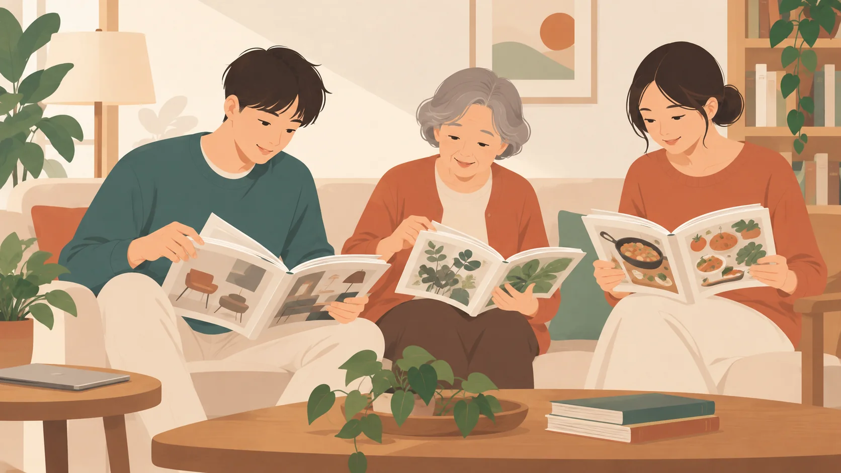 一名青年男性翻阅设计图册，一名灰发年长女性看植物图册，一名成年女性看烹饪图示书，合起平板放边桌。画面恰好三人，大学生与奶奶、母亲关系为设定，书中器物图不算人物。