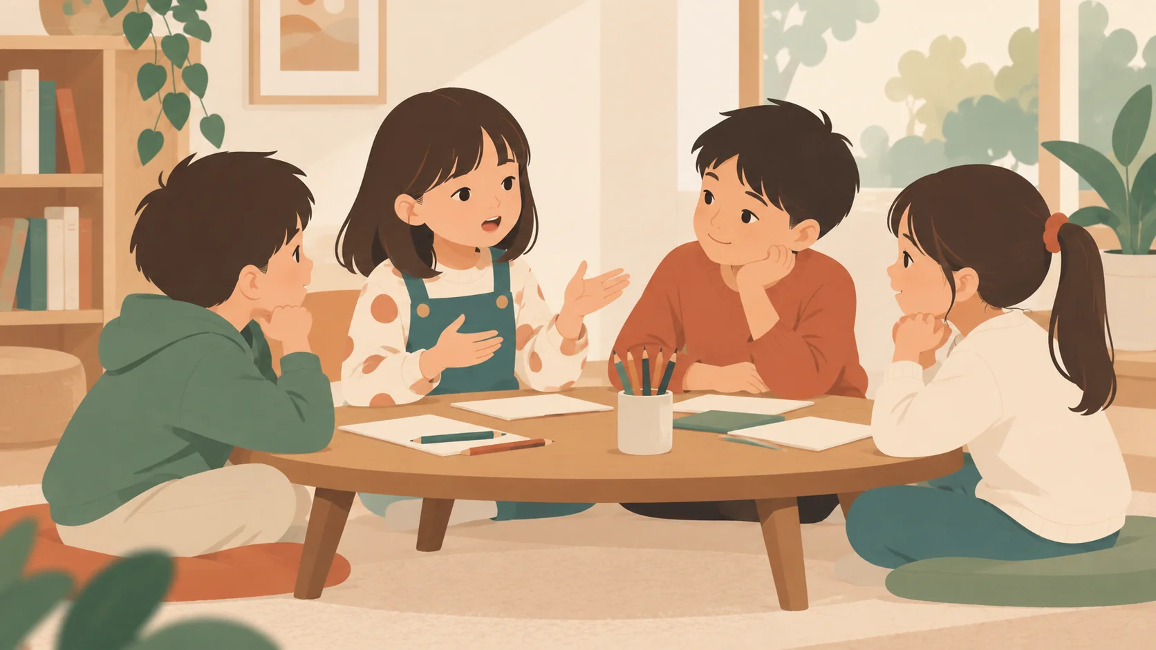四名孩子围坐圆桌，一名女孩用手势讲述，其他三人看着她，桌上有画纸和笔筒。