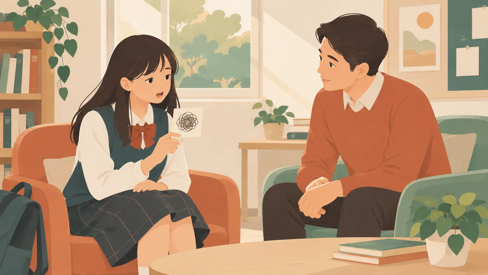 一名少女拿着绕线团图案的感受卡，与成年男性面对面坐着交流；对方前倾倾听，画面不证明辅导结果。