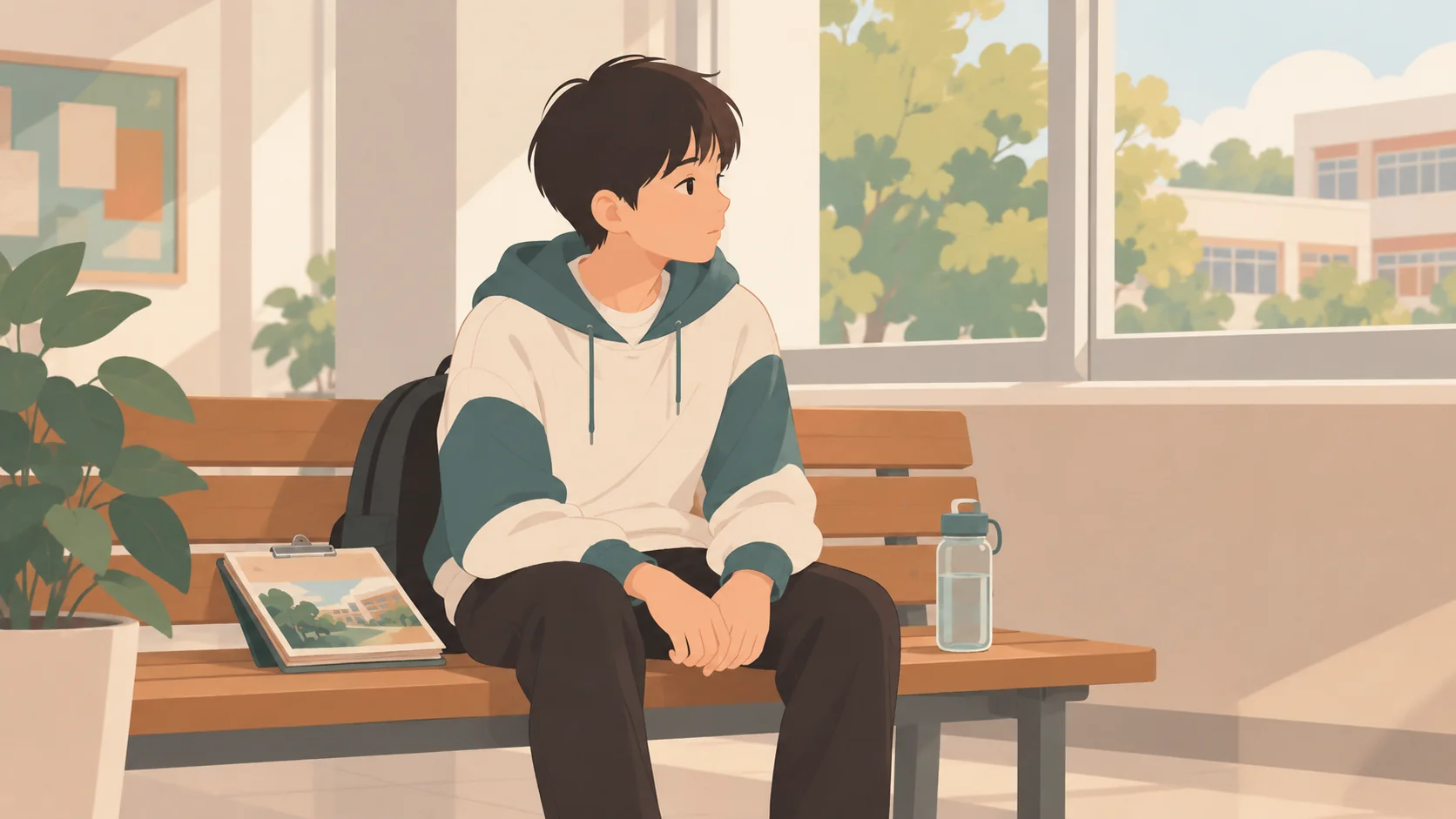 一名男性外观的少年坐在学校休息长椅上，双手放在膝旁，看向窗外，身旁有作业资料夹与水瓶。实际一人，平静休息不等于任何心理状态的诊断。