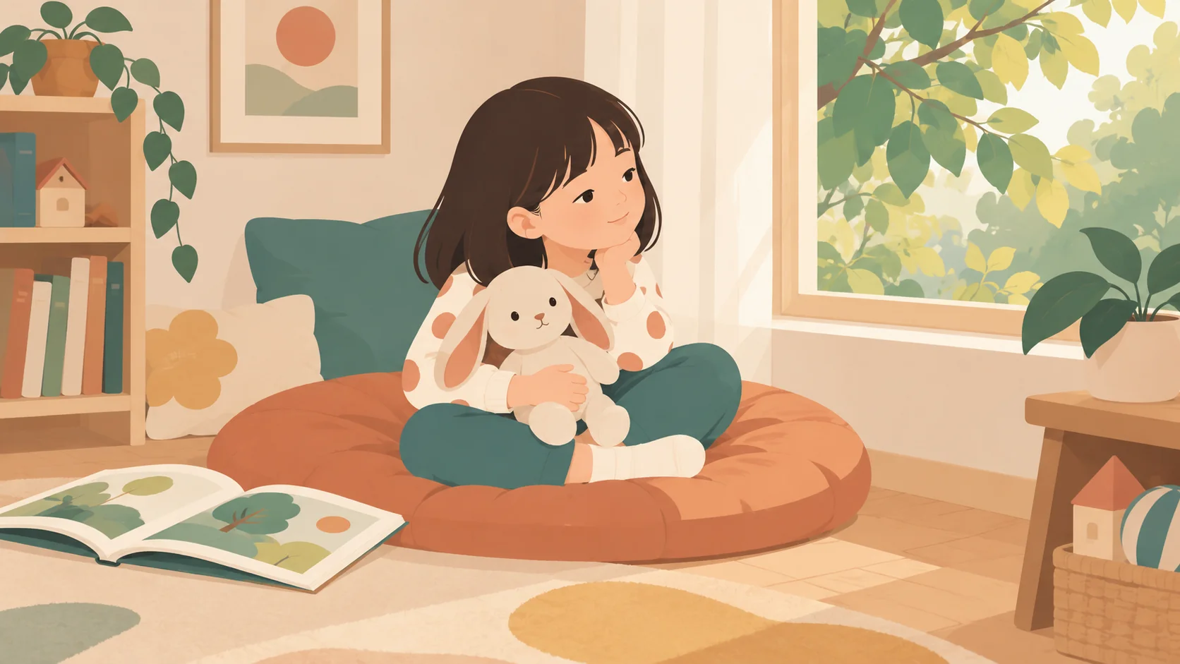 一名女性外观的小孩在软垫上抱兔子布偶，目光看向窗外树叶，旁边暂放打开的绘本。实际一个孩子，布偶不是人，不是睡眠或治疗效果的证据。