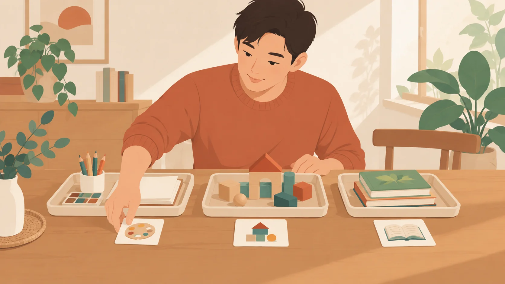 一名成年男性把绘画、模型和阅读材料分放在浅托盘，托盘前各有无字物品卡，画面没有孩子。