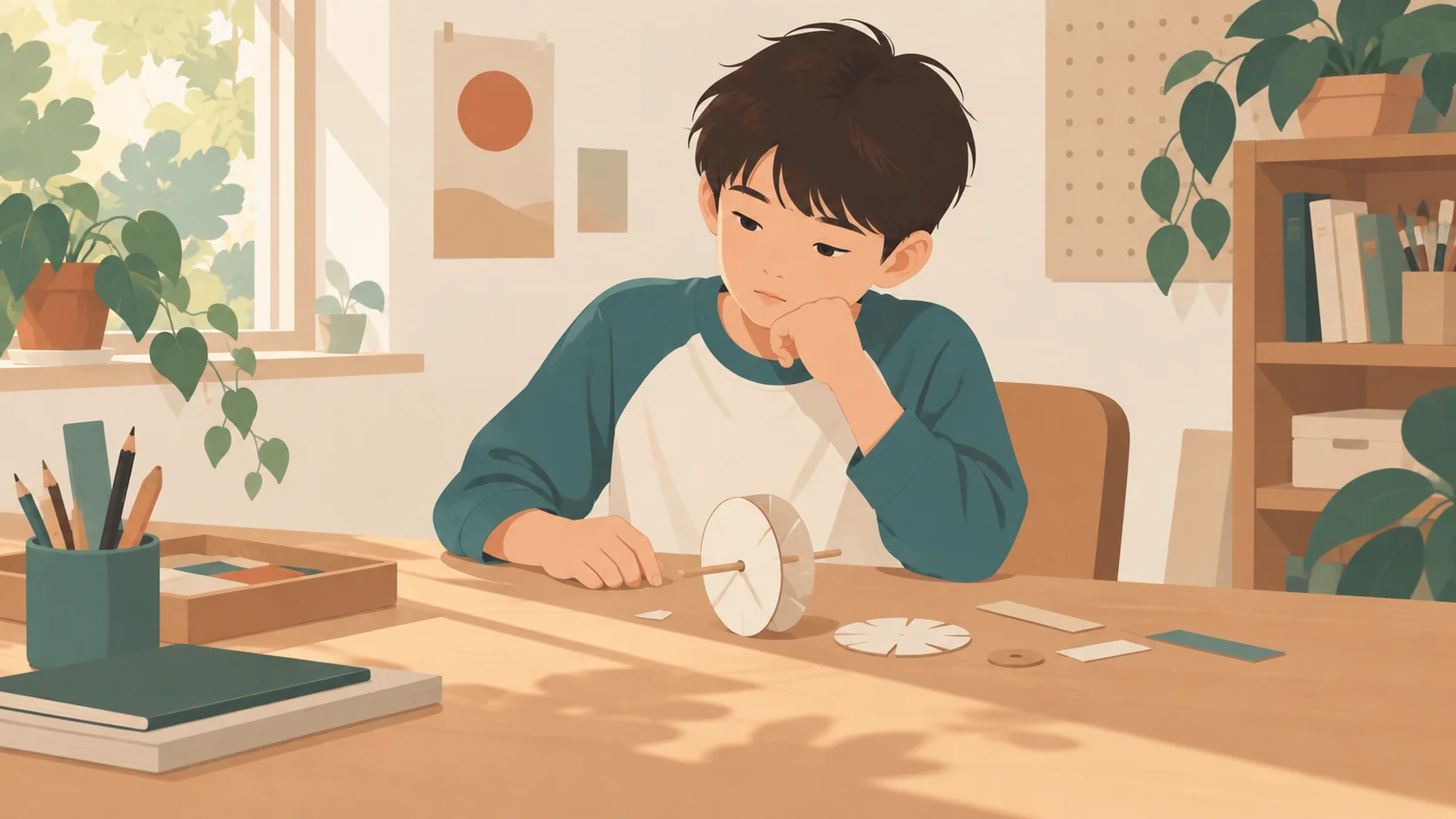 一名学龄男孩暂停操作纸轮模型，手放在桌边，另一手靠近下巴，未固定好的纸轮及连接片留在桌面，没有危险工具。