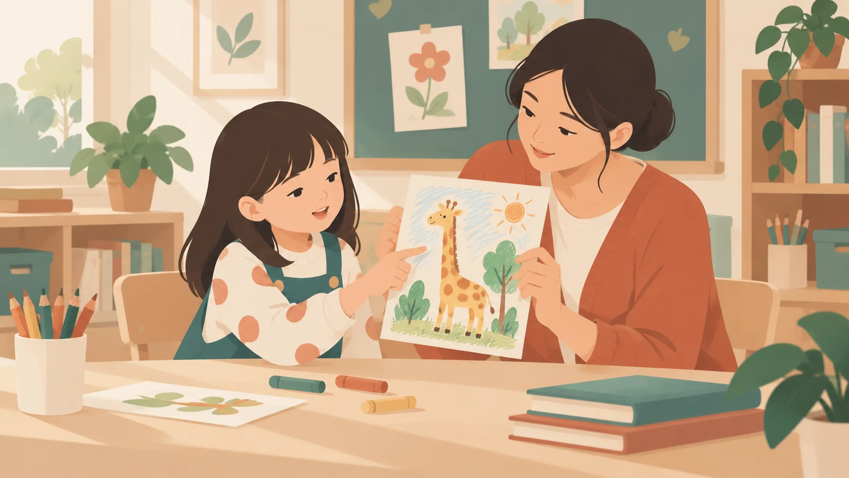 一名学龄女孩指着长颈鹿画表达想法，成年女性扶着画纸并关注她，教室背景没有其他人。
