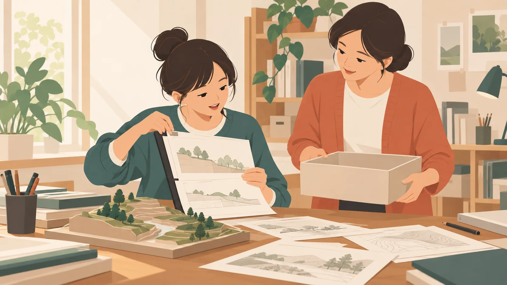 一名青年女性向中年女性展示夹在长纸夹上的地形切面资料，桌上有地形模型和无字草图，中年女性拿着空资料盒。母女与大学项目身份为设定。
