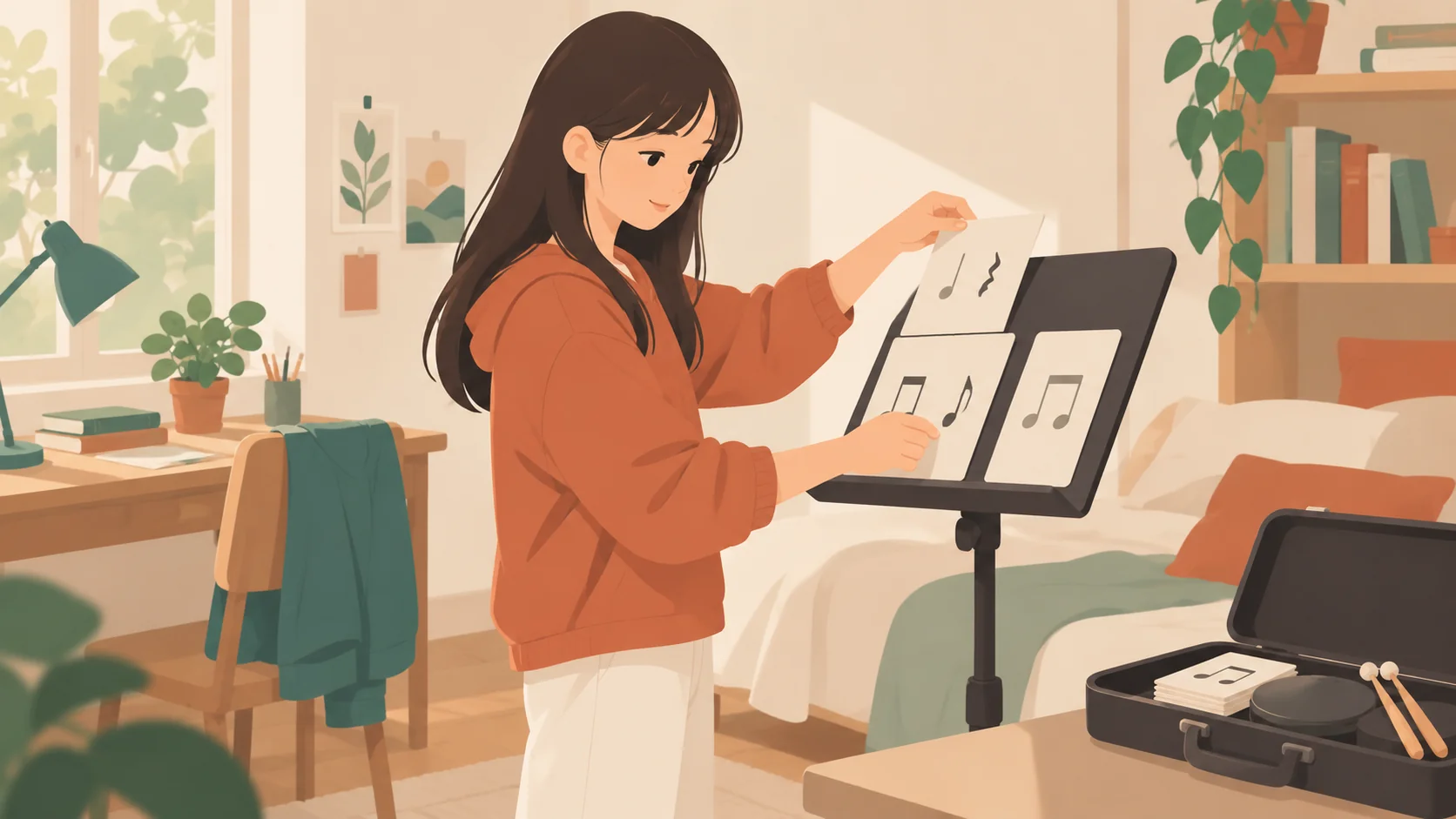 少女把带音符图形的卡片放到支架，旁有打开的乐器盒。