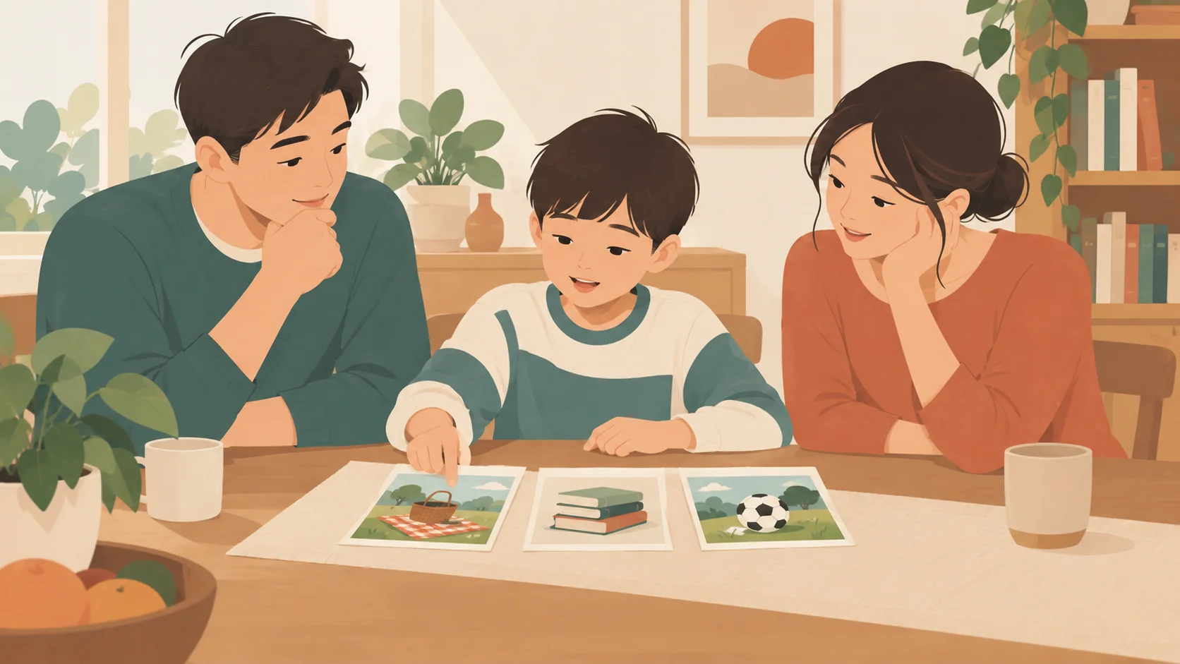 一名学龄男孩在两名成年男女面前指着野餐活动卡,桌上另有书本和足球图卡,成年人关注他的表达。