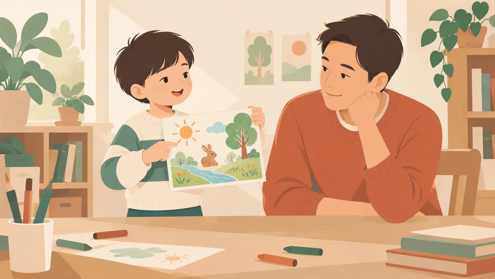 男孩拿着自己绘制的花草、小兔和太阳图画向父亲展示,父亲坐在桌边认真倾听,桌上散放画画材料。