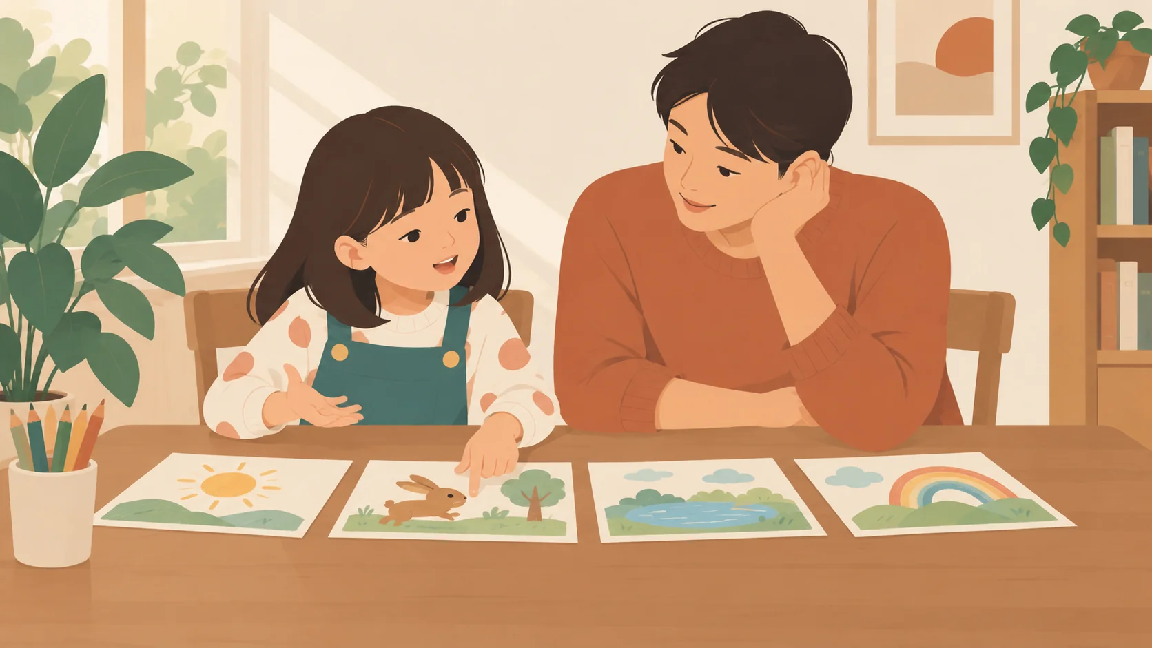 女孩与成年男性坐在桌边，女孩指向按一排铺开的太阳、动物、湖面和彩虹图画，成人侧头倾听。