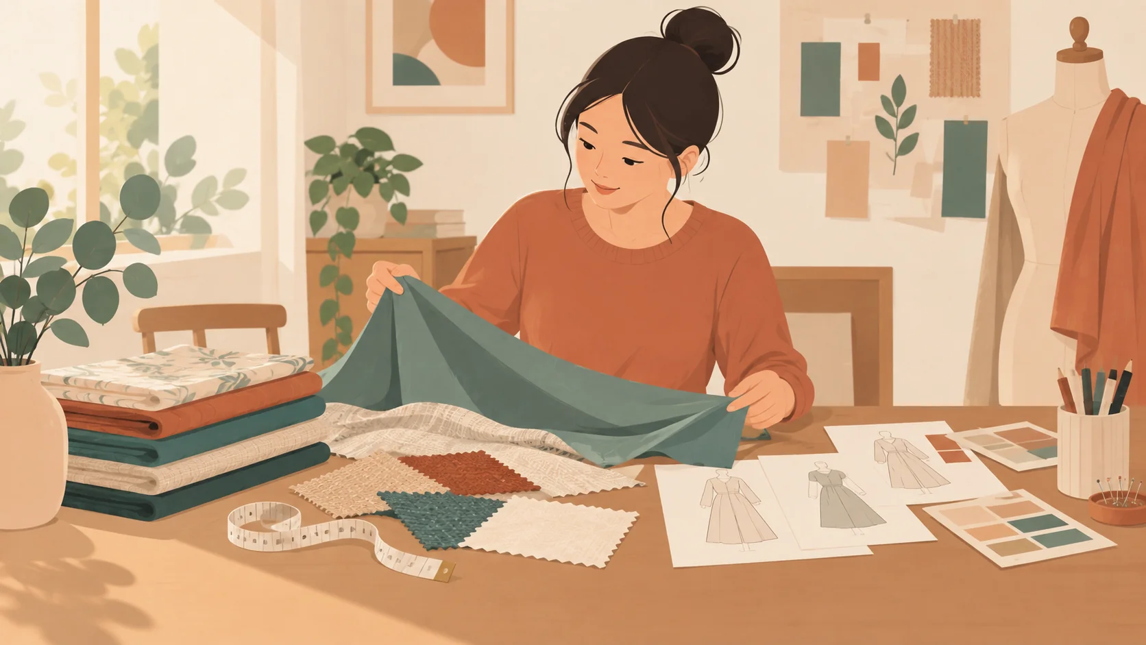 一名成年女性在桌前展开不同质地布料，周围有软卷尺、服装轮廓草图和布样。旁边的无脸衣架模特是器物，实际只有一人；母亲身份为设定。