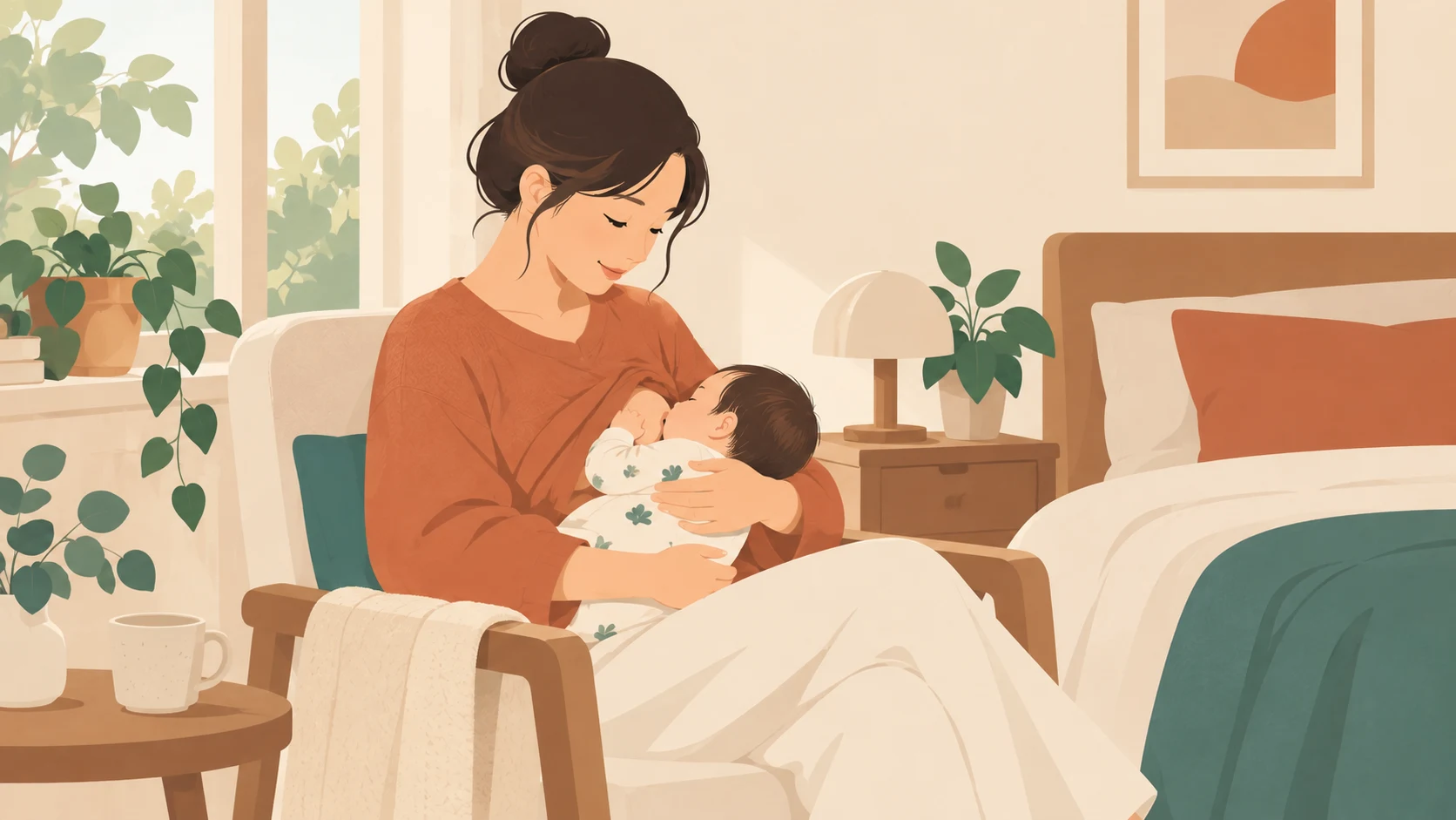 成年女性在床边椅中托抱穿衣小婴儿,婴儿脸贴近女性衣服遮挡的胸前,女性低头注视。两个人,与哺乳陪伴设定一致,非操作教学。
