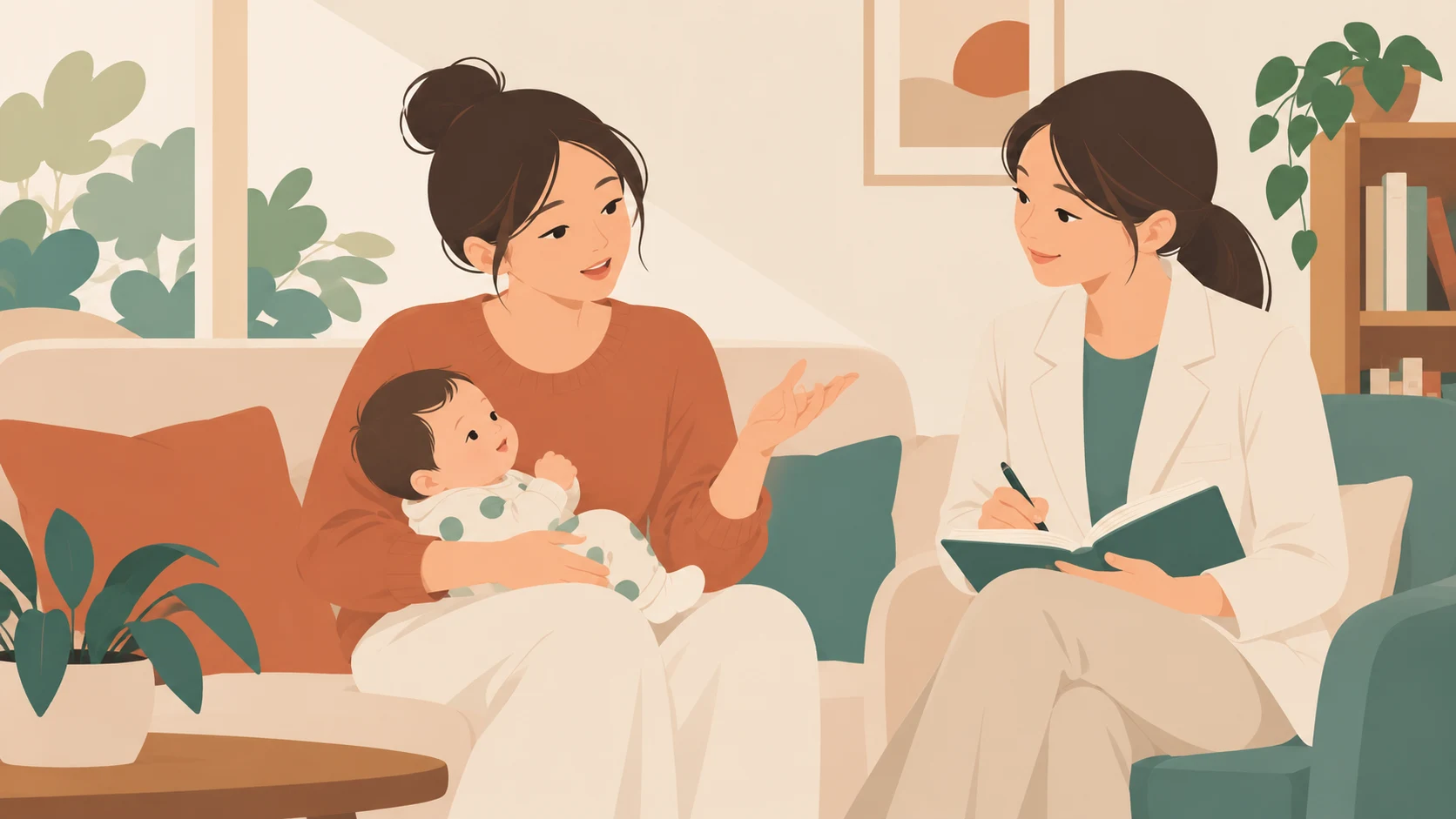 成年女性抱持小婴儿并抬手表达;对面穿浅色工作服的成年女性拿记录本倾听。三个人,咨询者职业与喂养咨询用途属于设定。