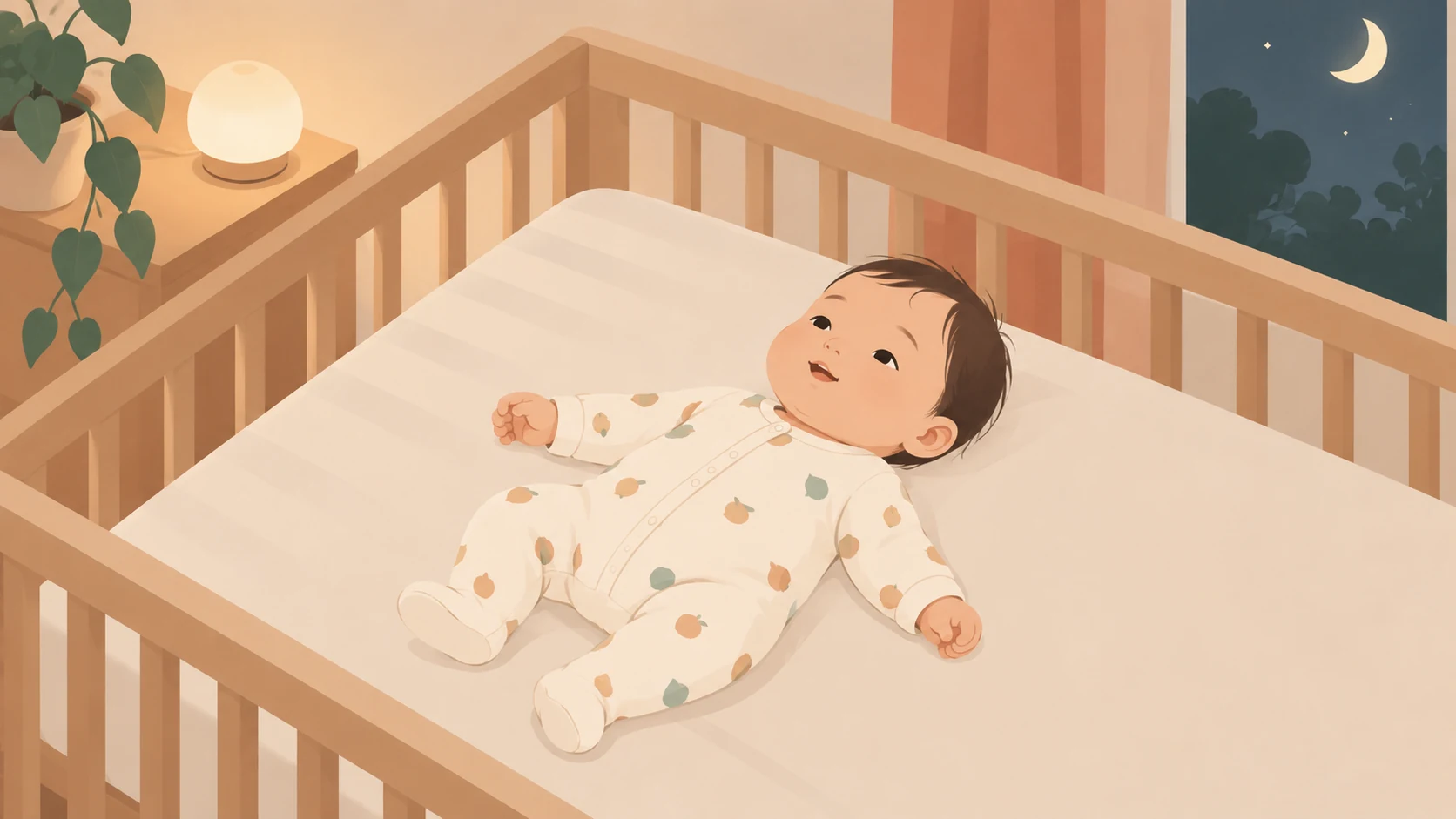 一名穿连体衣的小婴儿睁眼仰卧在木婴儿床的平整床面，床内没有可见枕头、被子或玩具。不能描述为已睡着。