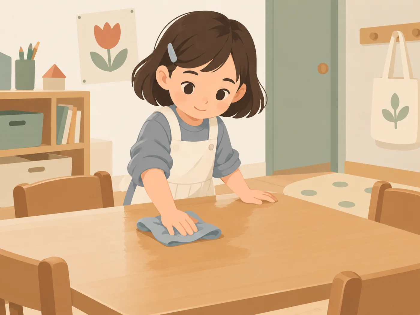 女孩独立擦桌子